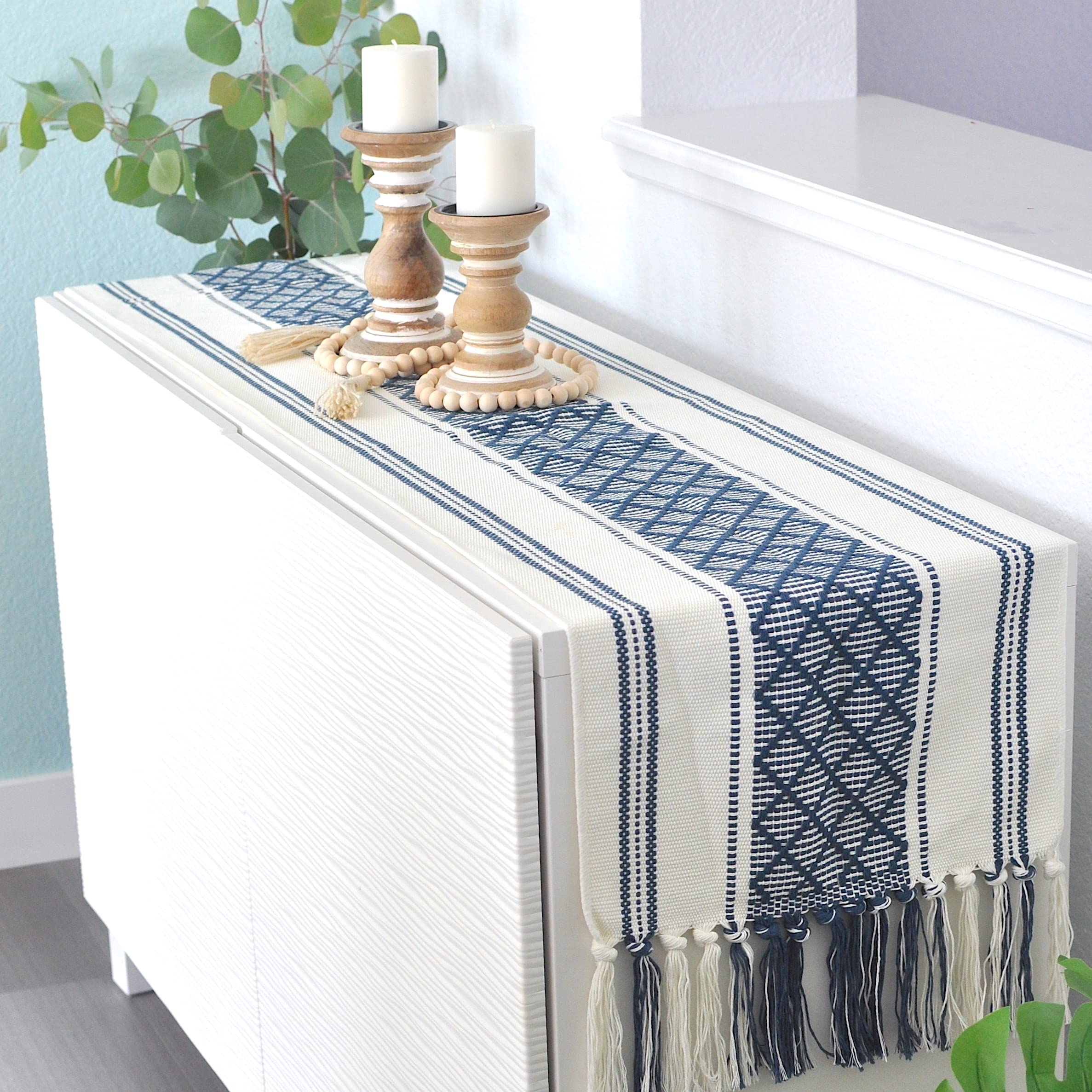 Oveesha Boho Table Runner With Tassel 14 X 72 Inches, Blue & Cream, Woven Washable Dresser Scarf And Topper For Bedroom, Farmhou