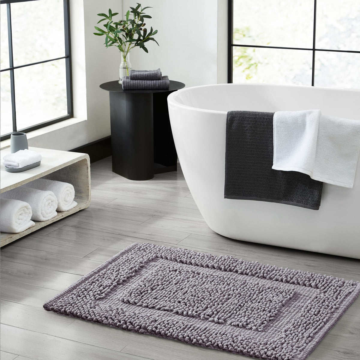 Jean Pierre New York 100% Chenille Cotton Skid Resistant Plush Bath Mat - 17''X24'' Bathroom Rug - Charcoal Grey