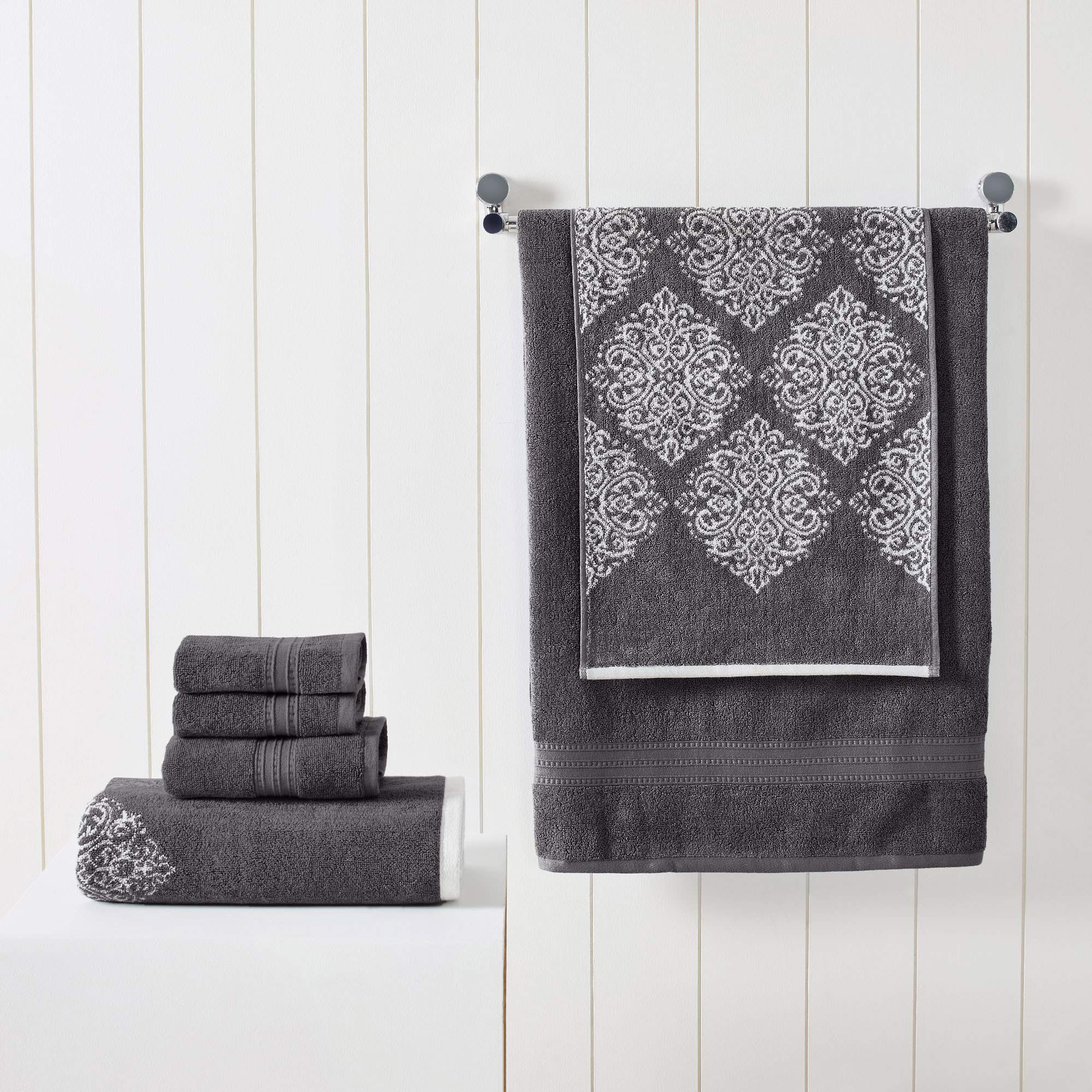 Amrapur Overseas | Artesia Damask 6 Piece Reversible Yarn Dyed Jacquard Towel Set (Platinum)