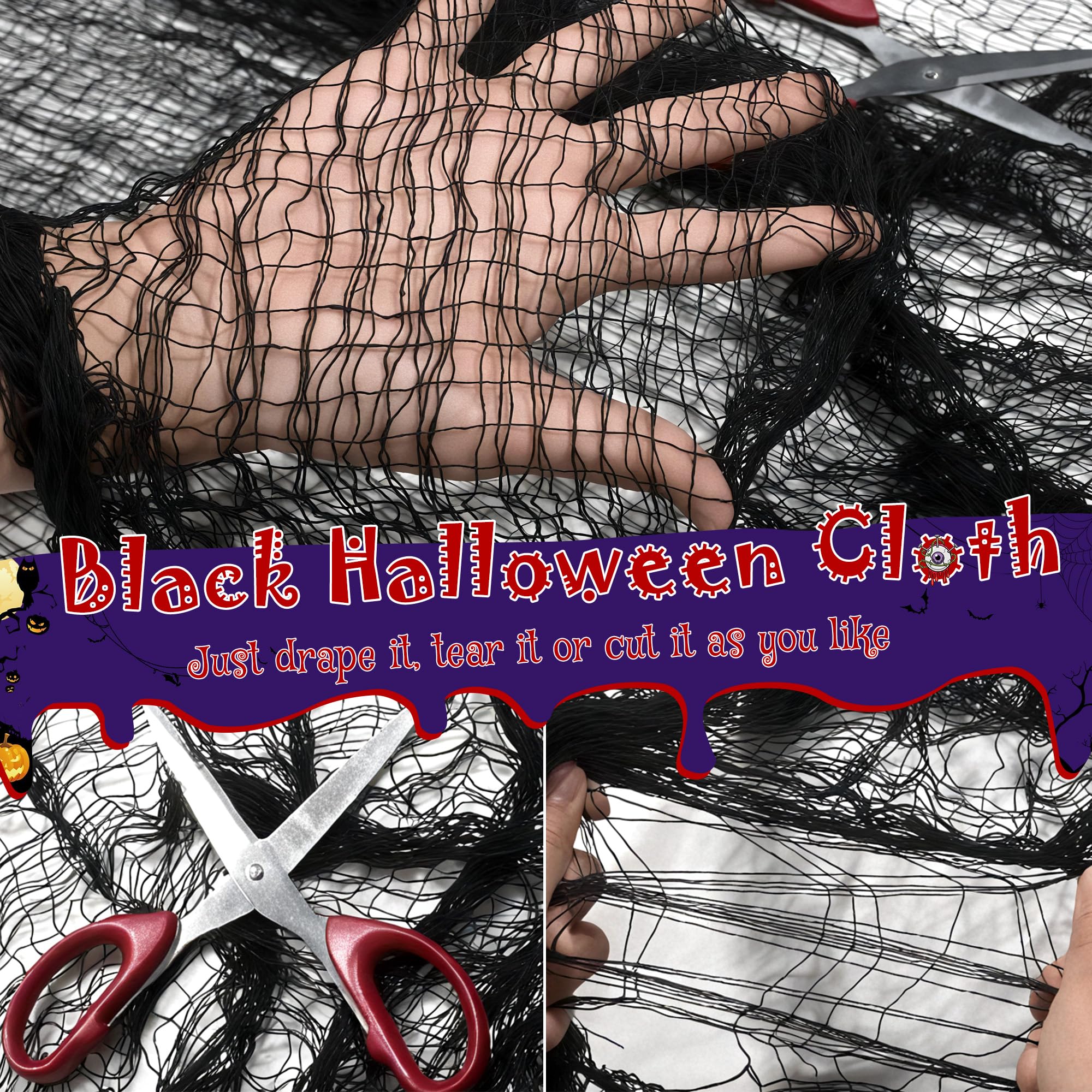 Ollny Halloween Lights 150LED 49FT, Orange and Purple String Lights with Creepy Cloth(315 x 85 in), Battery Operated Fairy Light