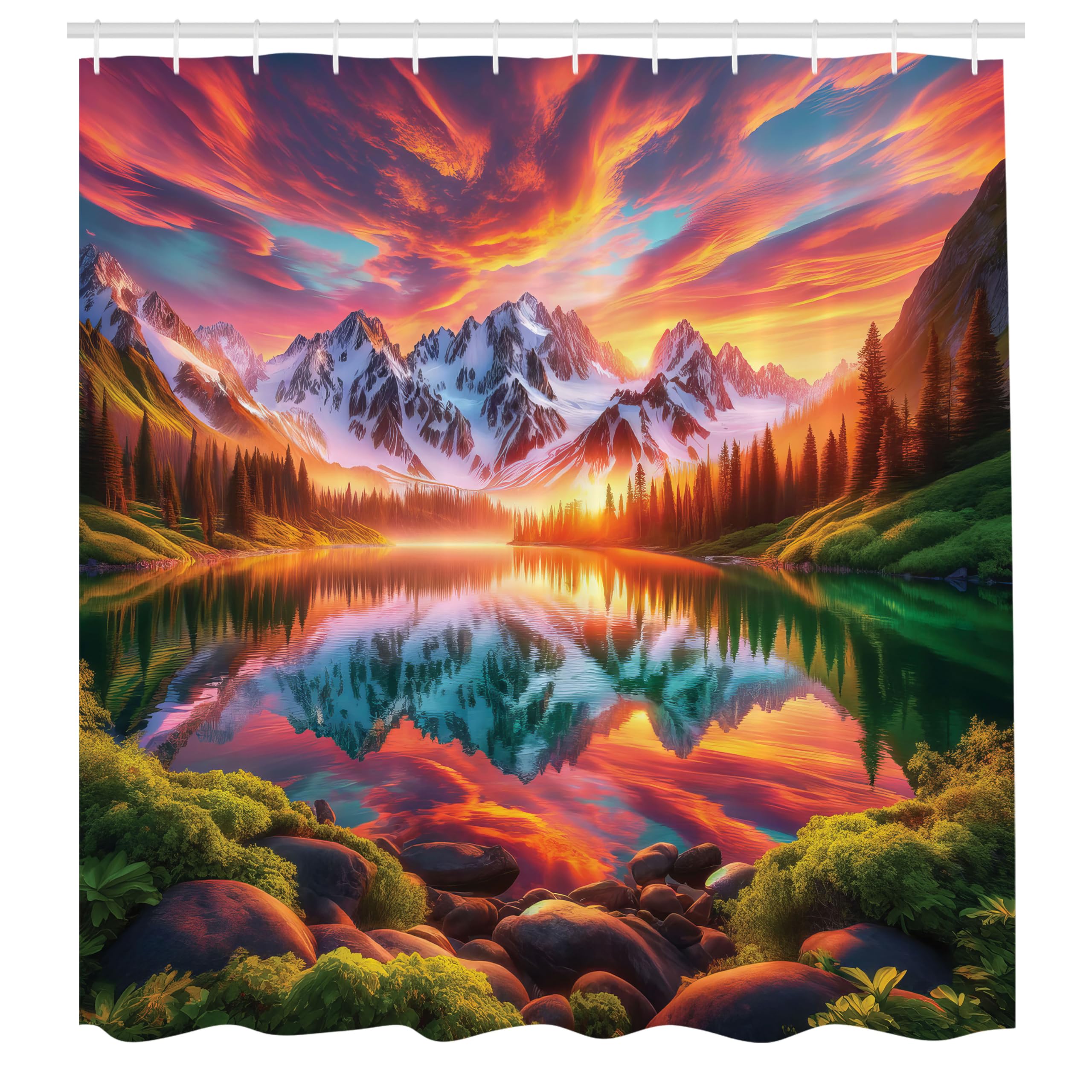 Ambesonne Lake Shower Curtain, Colorful Mesmerizing Scenery Sunset Reflections Dramatic Forest Mountain, Cloth Fabric Bathroom D