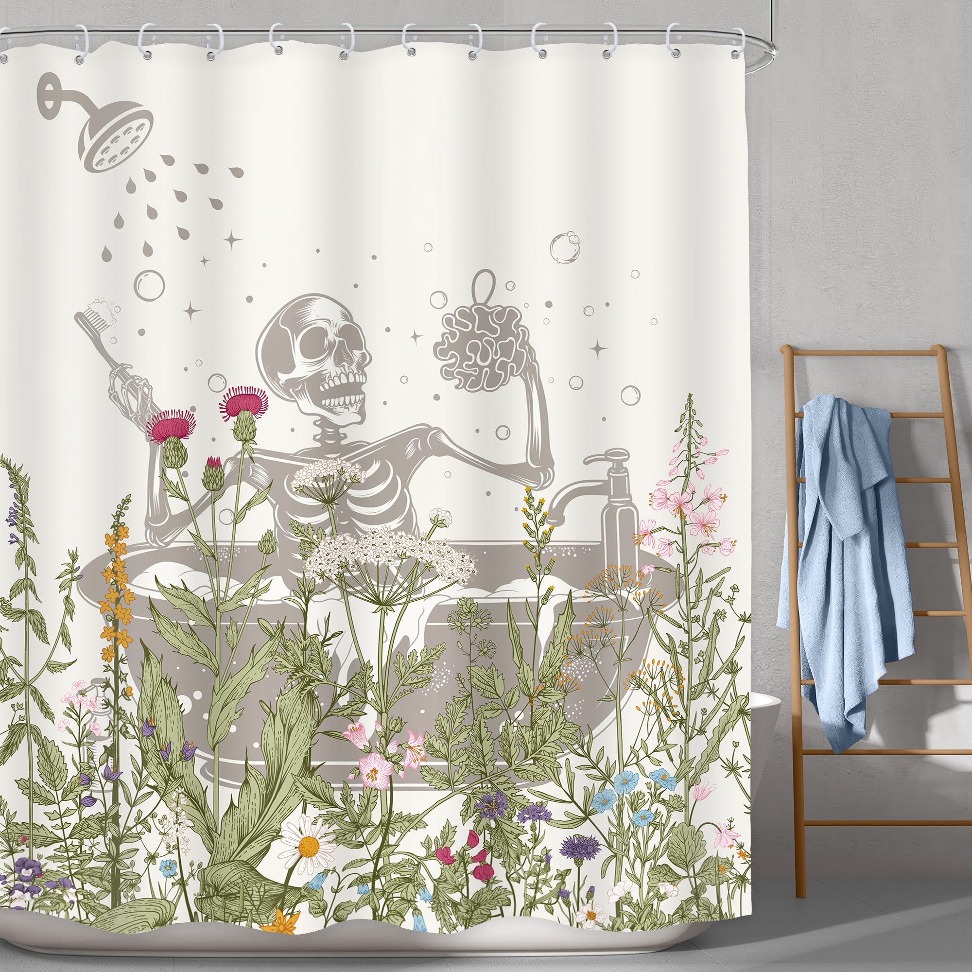 Lghtyro Funny Skull Halloween Wildflower Shower Curtain Bathroom Set 60Wx71H Inches Gothic Skeleton Floral Rustic Leaves In Bath