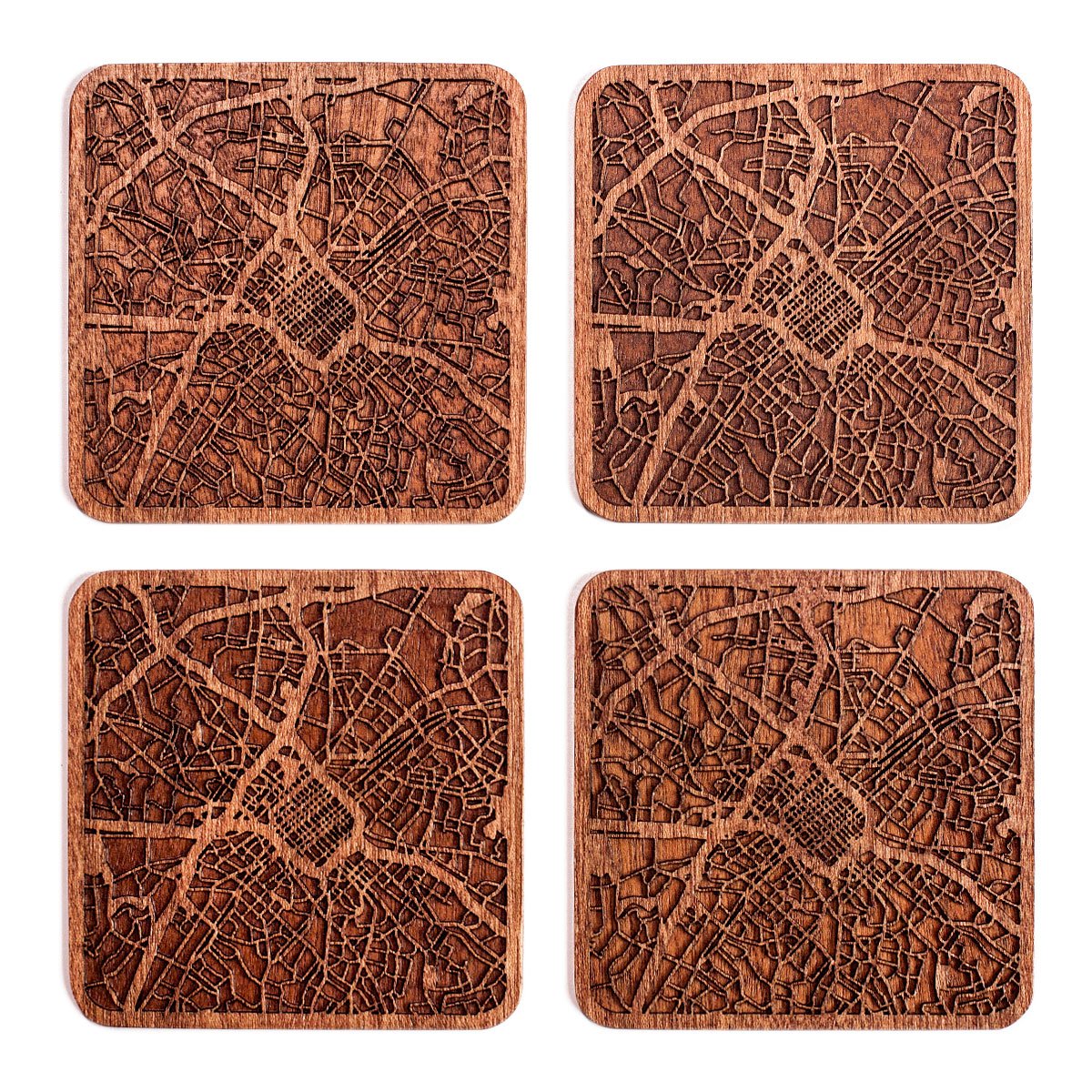 Charlotte, Nc Map Coaster By O3 Design Studio, Set Of 4, Sapele Wooden Coaster With City Map, Handmade