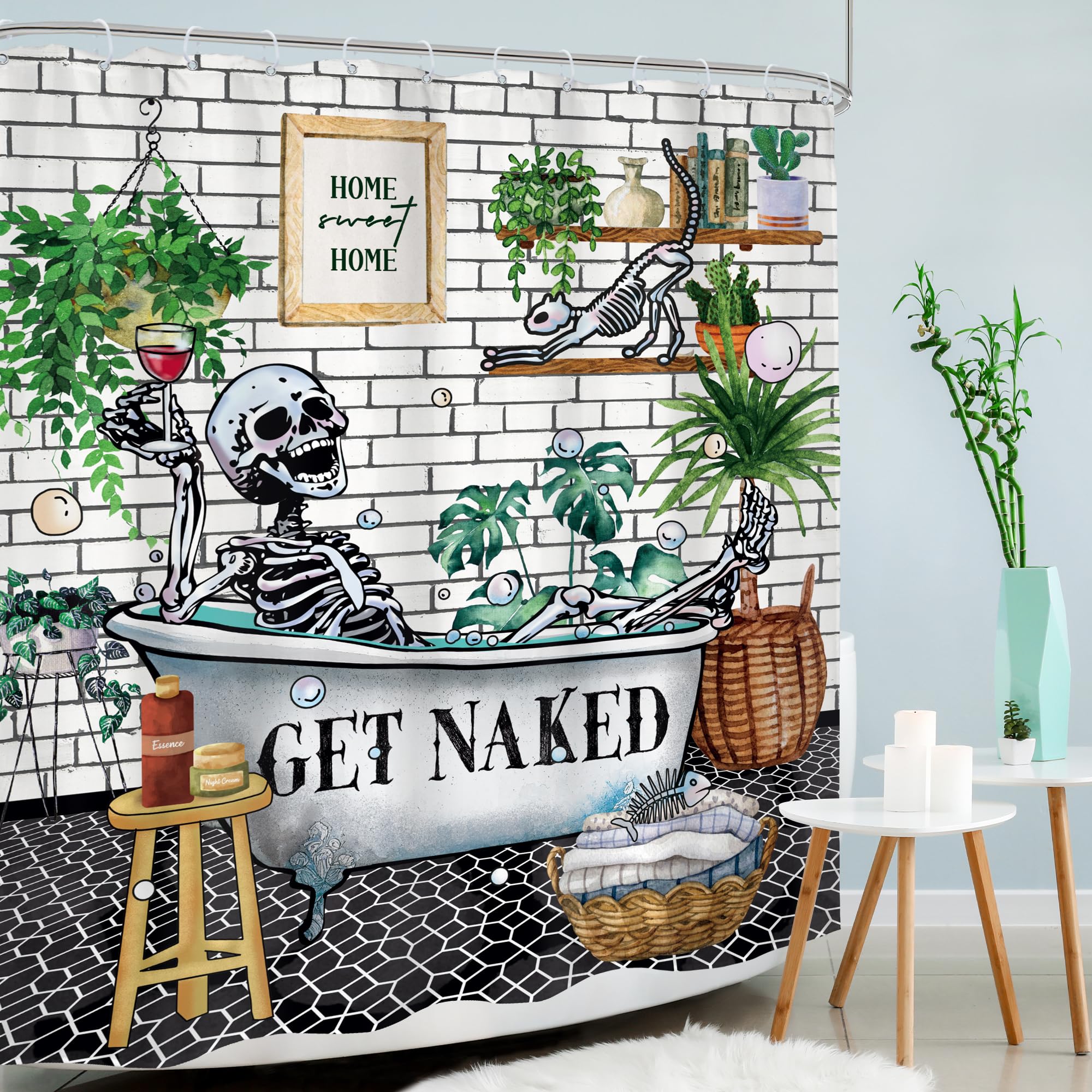 Mitpok Funny Skull Skeleton Shower Curtain 60Wx72H Gothic Rustic Tropical Plant Green Leaves Bone In Buthtub Bubble Cute Cat Bat