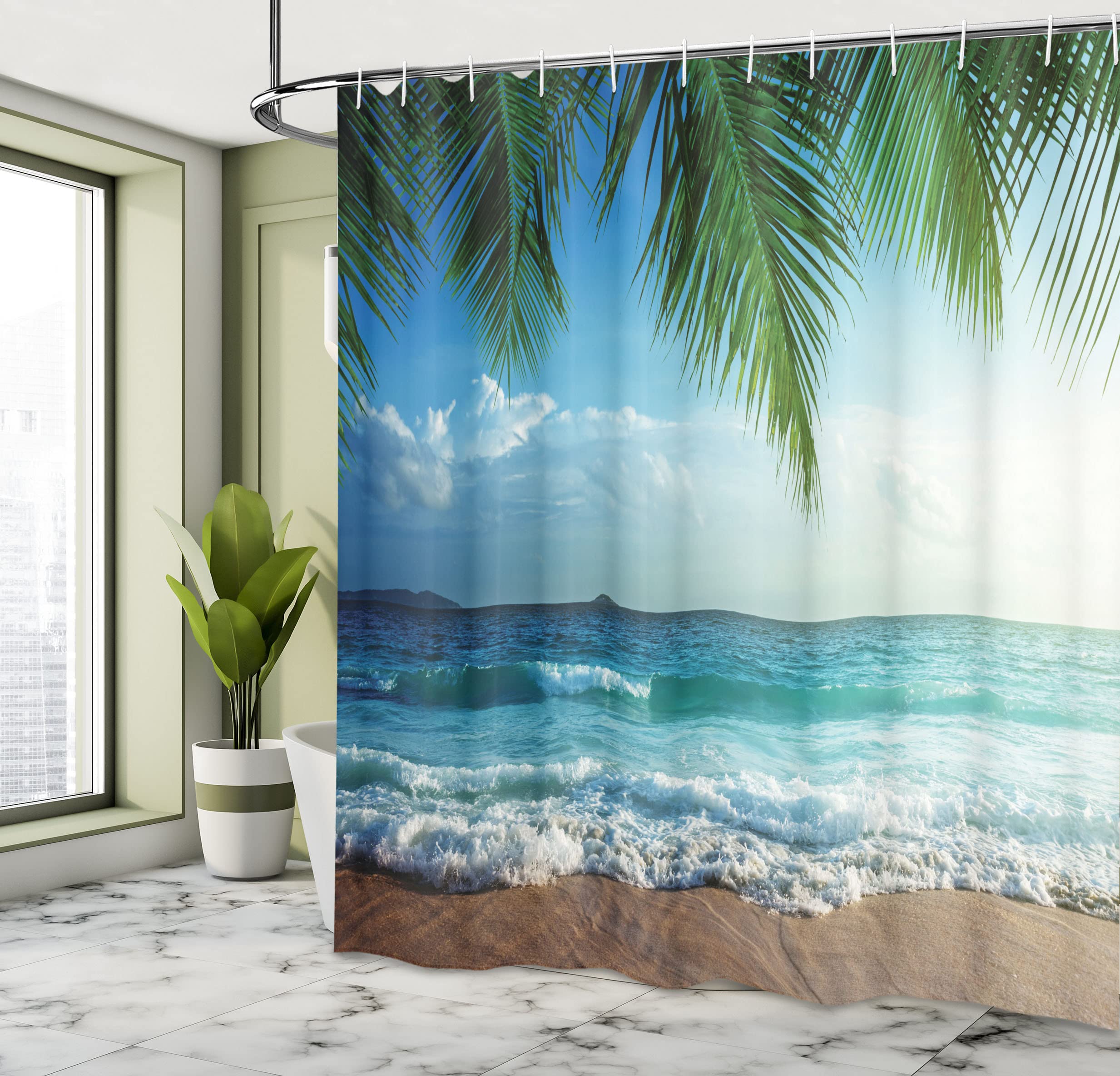 Ambesonne Ocean Shower Curtain, Palms Tropical Island Summer Beach Foamy Sea Water Maldives Idyllic Photography, Cloth Fabric Ba