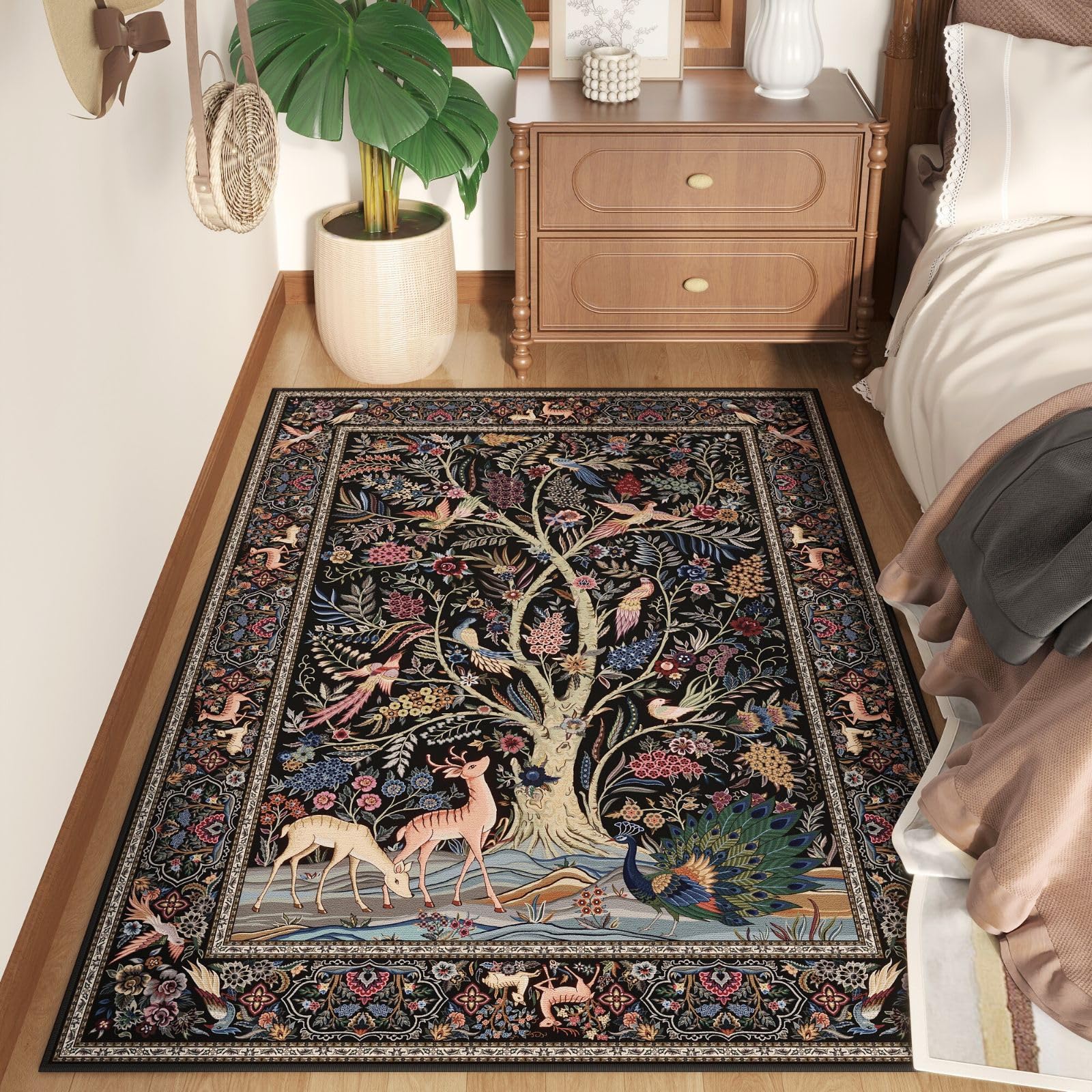 Rugcomf 3x5 Rug Vibrant Tree of Life-Patterned Vintage Non Slip Low Pile Small Carpet for Bedroom Bedside Kitchen Entryway Kids 