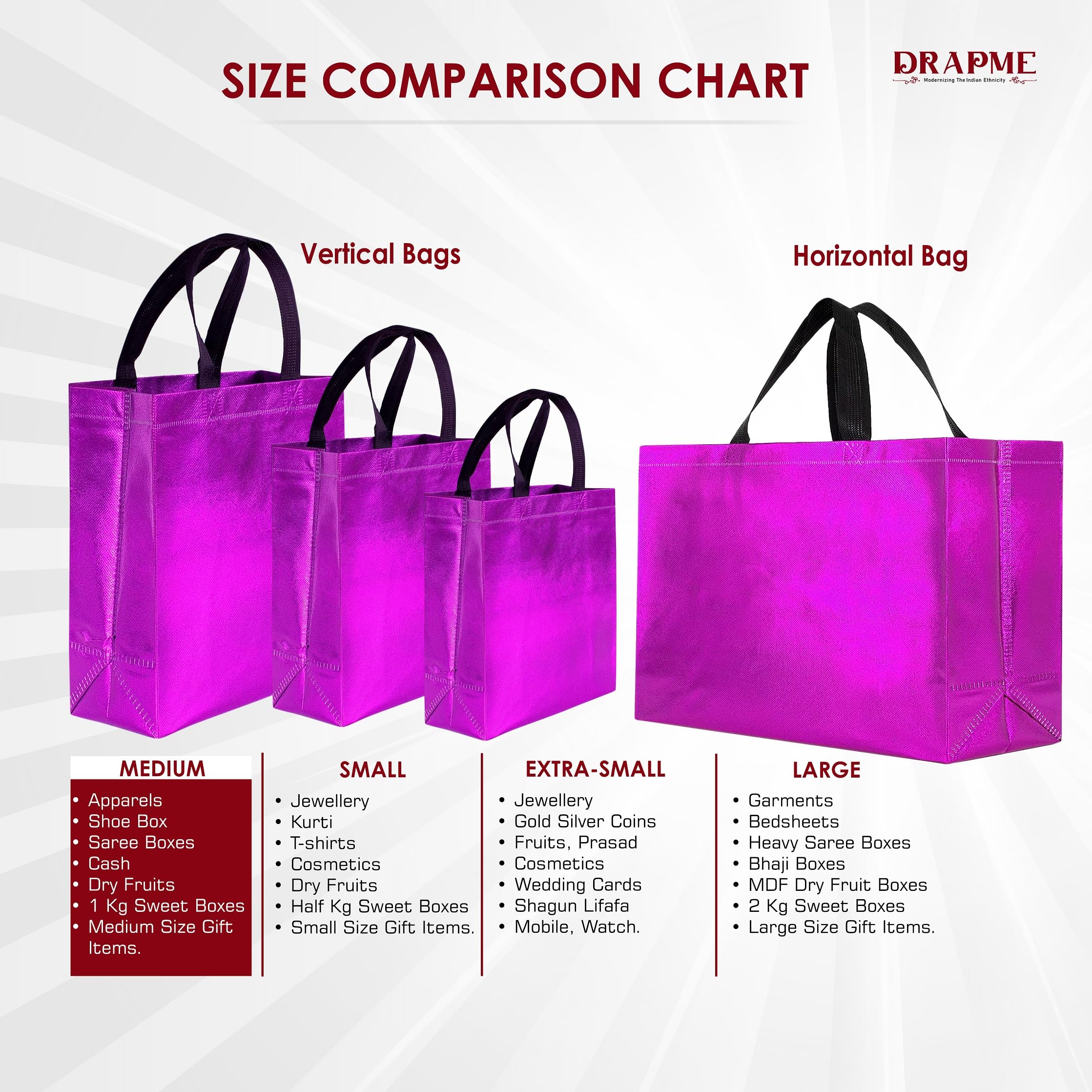DRAPME Medium Size Pack of 50 Pcs Glossy Metallic Laminated Non-Woven Reusable Eco-Friendly Party Return Gift Bags (Hot Pink) (M