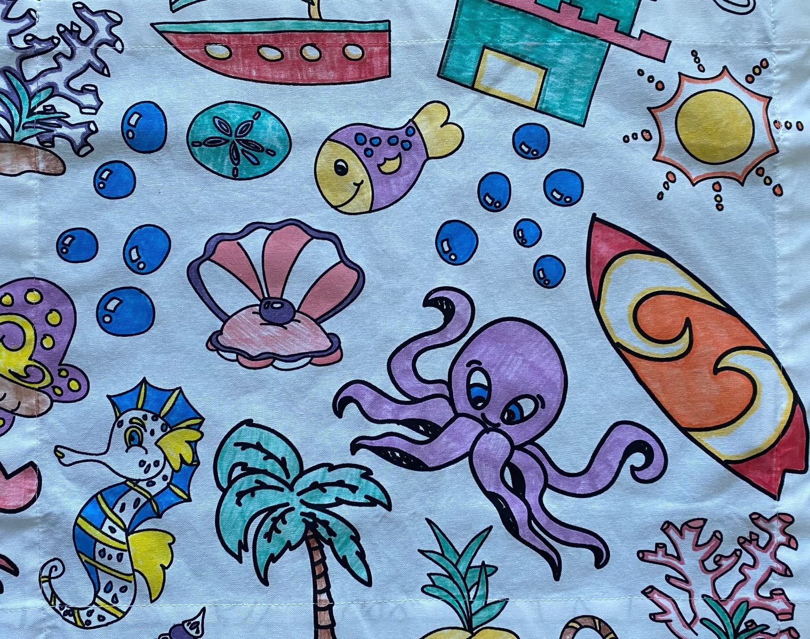 The Coloring Table - Oceantime Fun Design - Rectangle Tablecloth - Fabric Coloring Tablecloth - Colorable Designs - Washable And