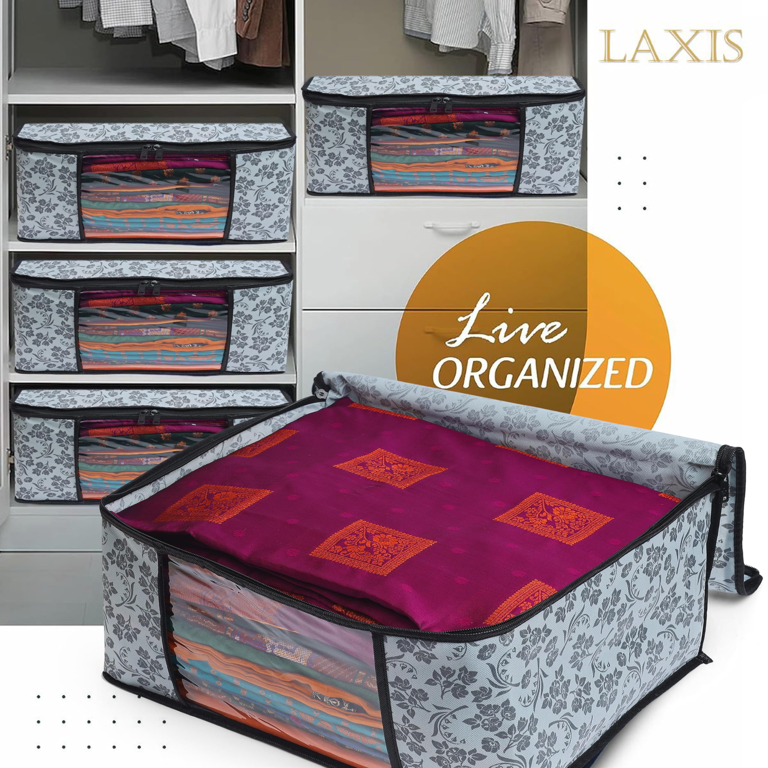 Homfil Brand - Laxis Saree Covers With Zip Non-Woven Printed Saree Cover/Saree Organizer For Wardrobe/Cloth Storage With Transpa