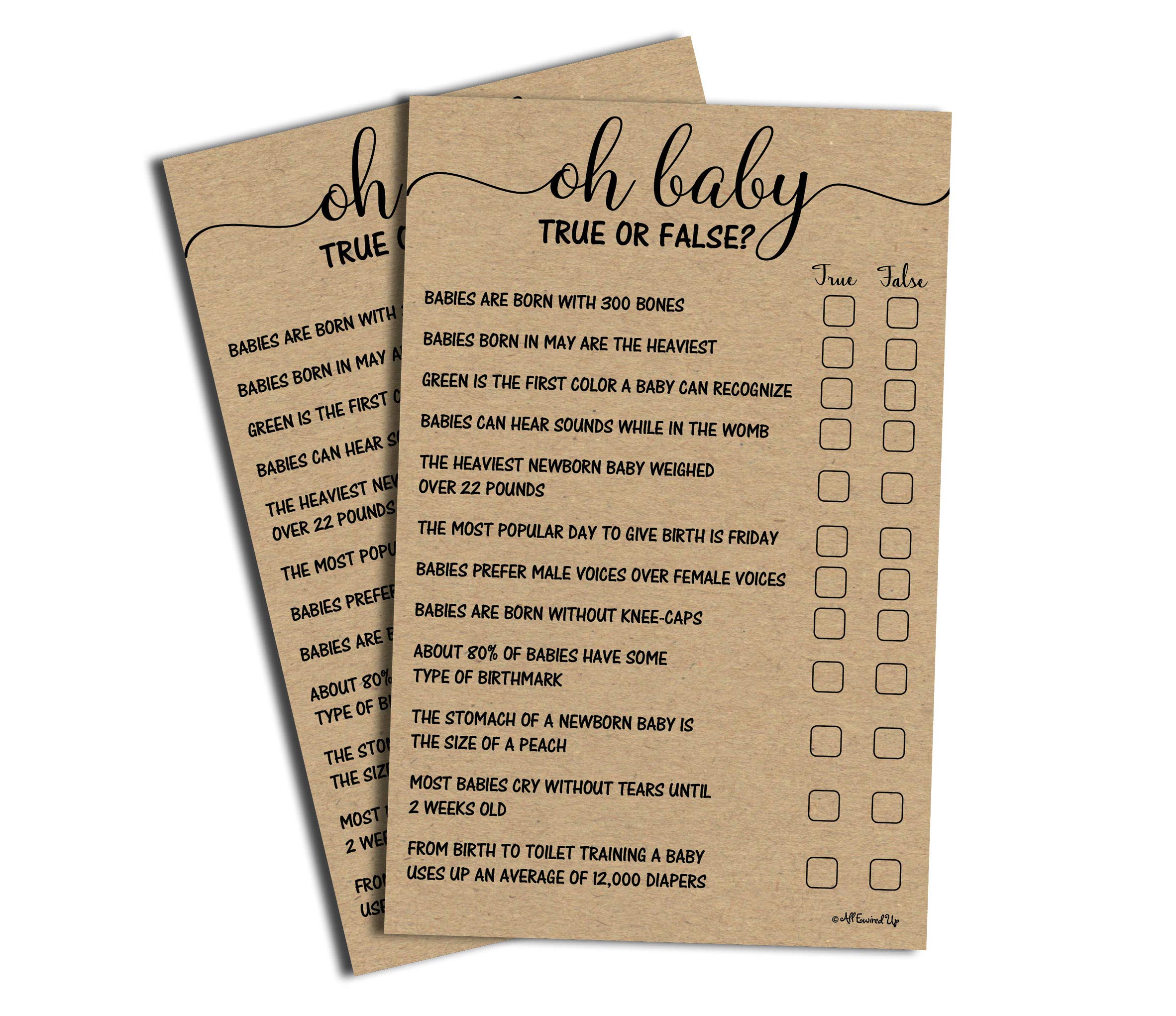 50 True Or False Oh Baby Trivia Game - Kraft (50-Sheets) Rustic (Large Sheet Size) Fun, Easy To Play, Baby Shower Game, Sprinkle