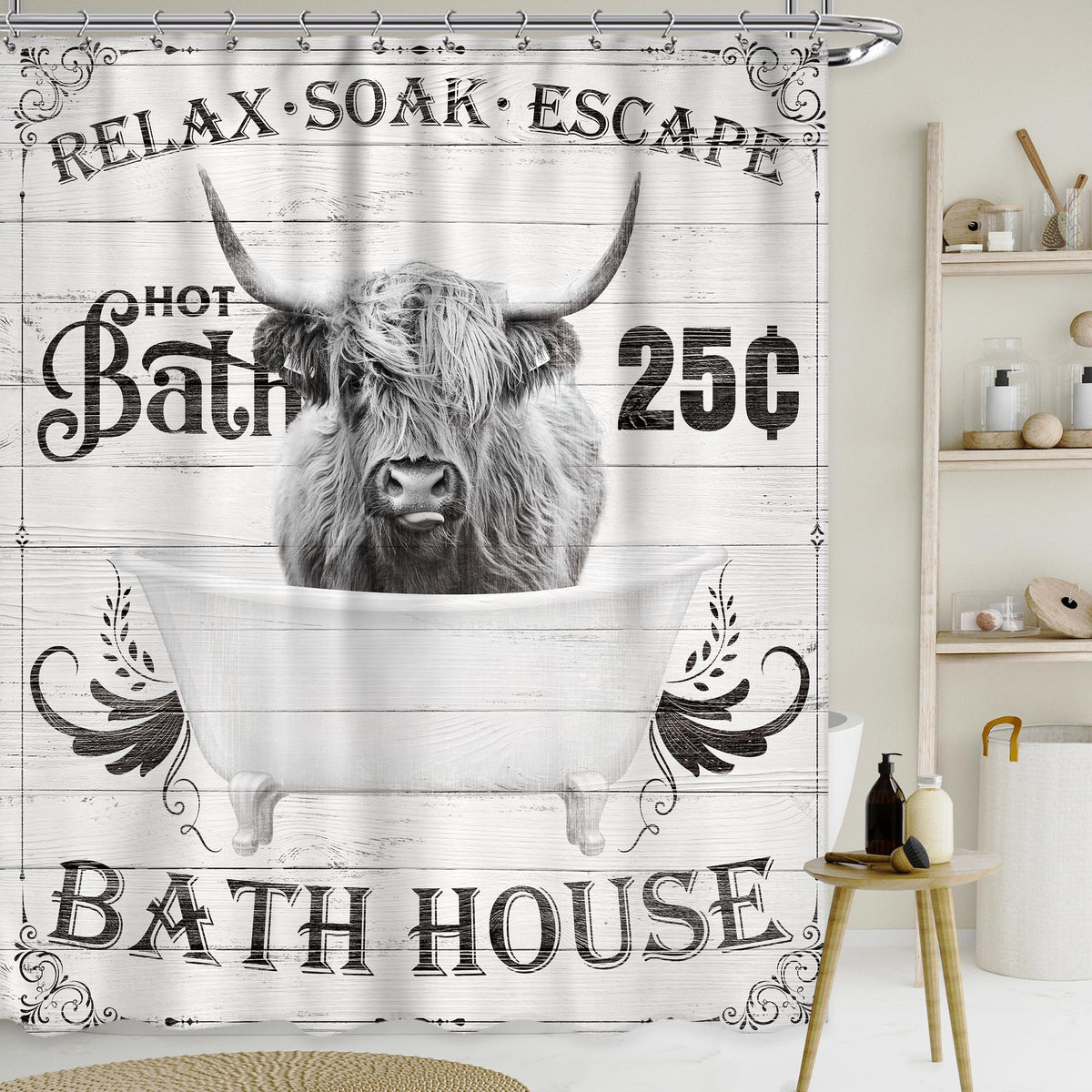 Glawry Funny Highland Cow Shower Curtain 72Wx84L Inches Extra Long Bull Farmhouse Western Cattle In Bathtub Bath Rustic Wildlife