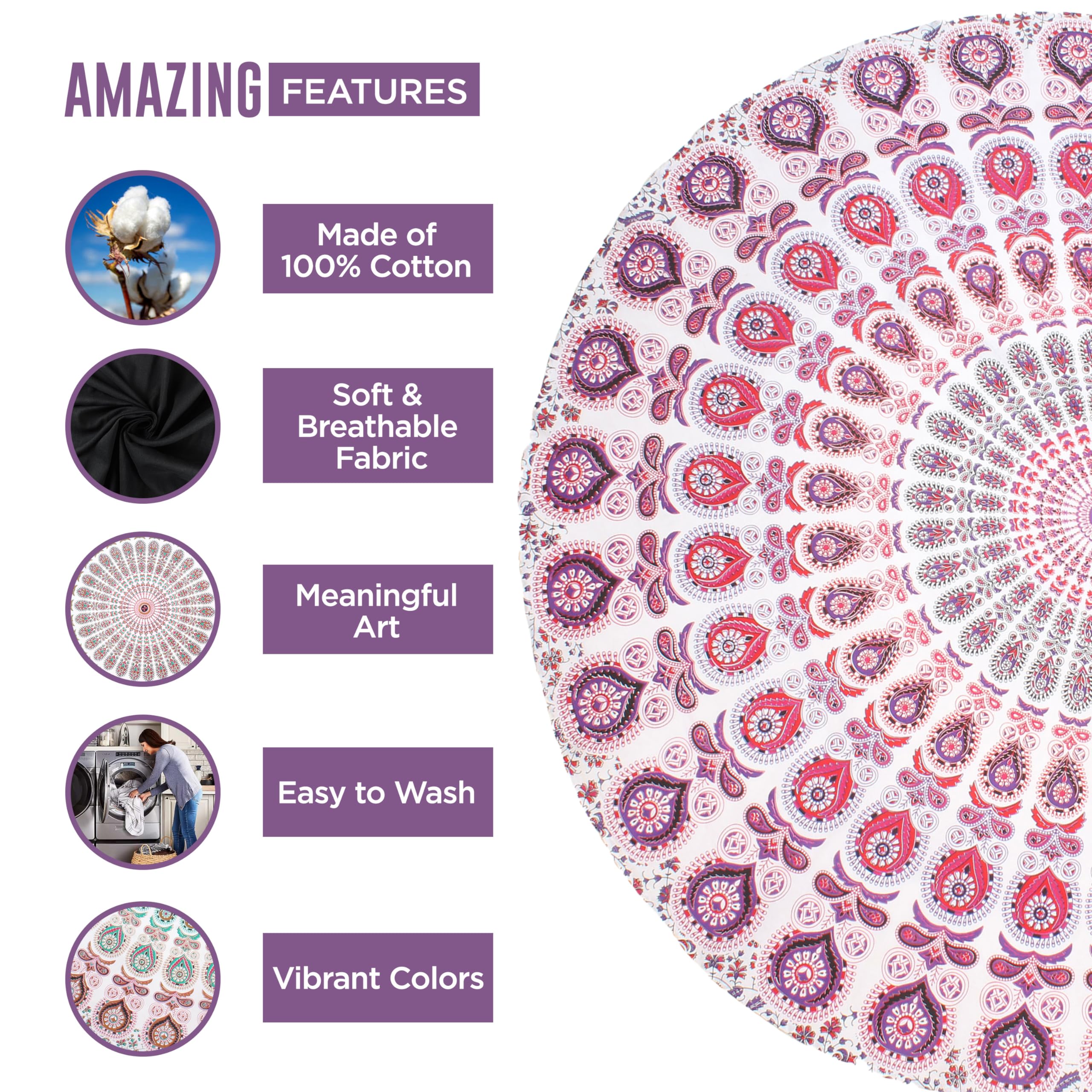 Raajsee White Pink Round Beach Tapestry Hippie/Boho Beach Blanket Mandala Roundie/Indian Cotton Throw - Round Tablecloth/Home De