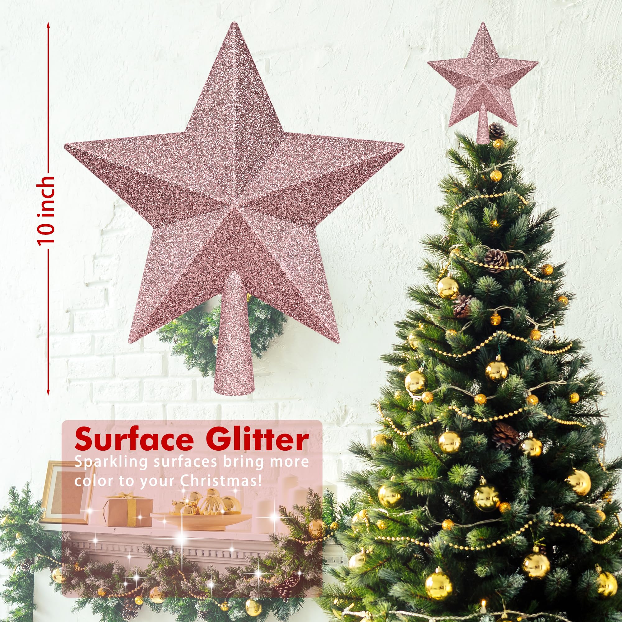 Christmas Tree Top Ornament, 10 Rose Gold Christmas Star Tree Topper, Large Xmas Glitter 3D Bethlehem Tree Topper Ornament, Wate