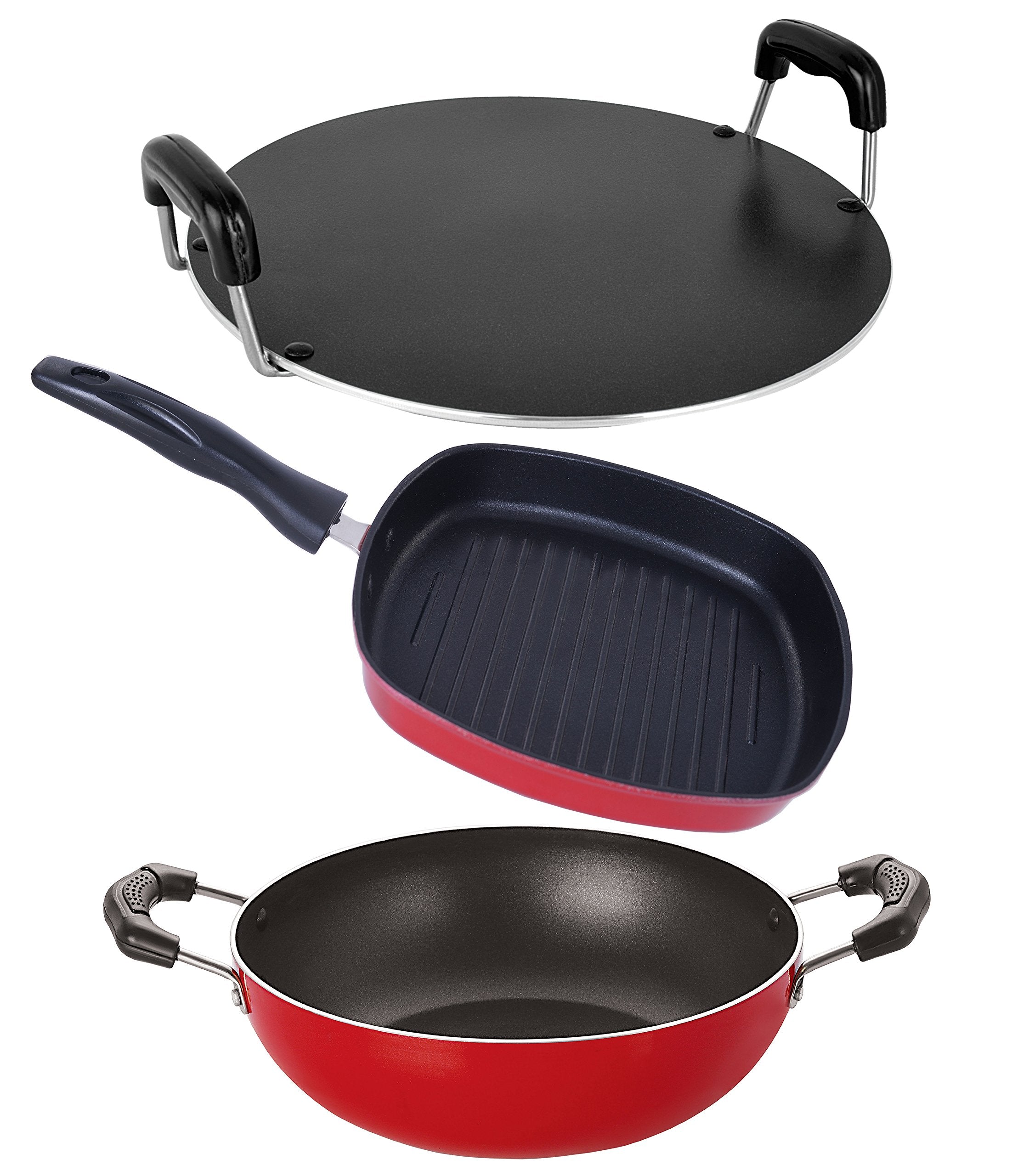 Nirlon NonStick Coated Kadai And Grill Pan Combo Cooking Essential Set, 2.6Mm_Kd10_Gp(24)_Rt