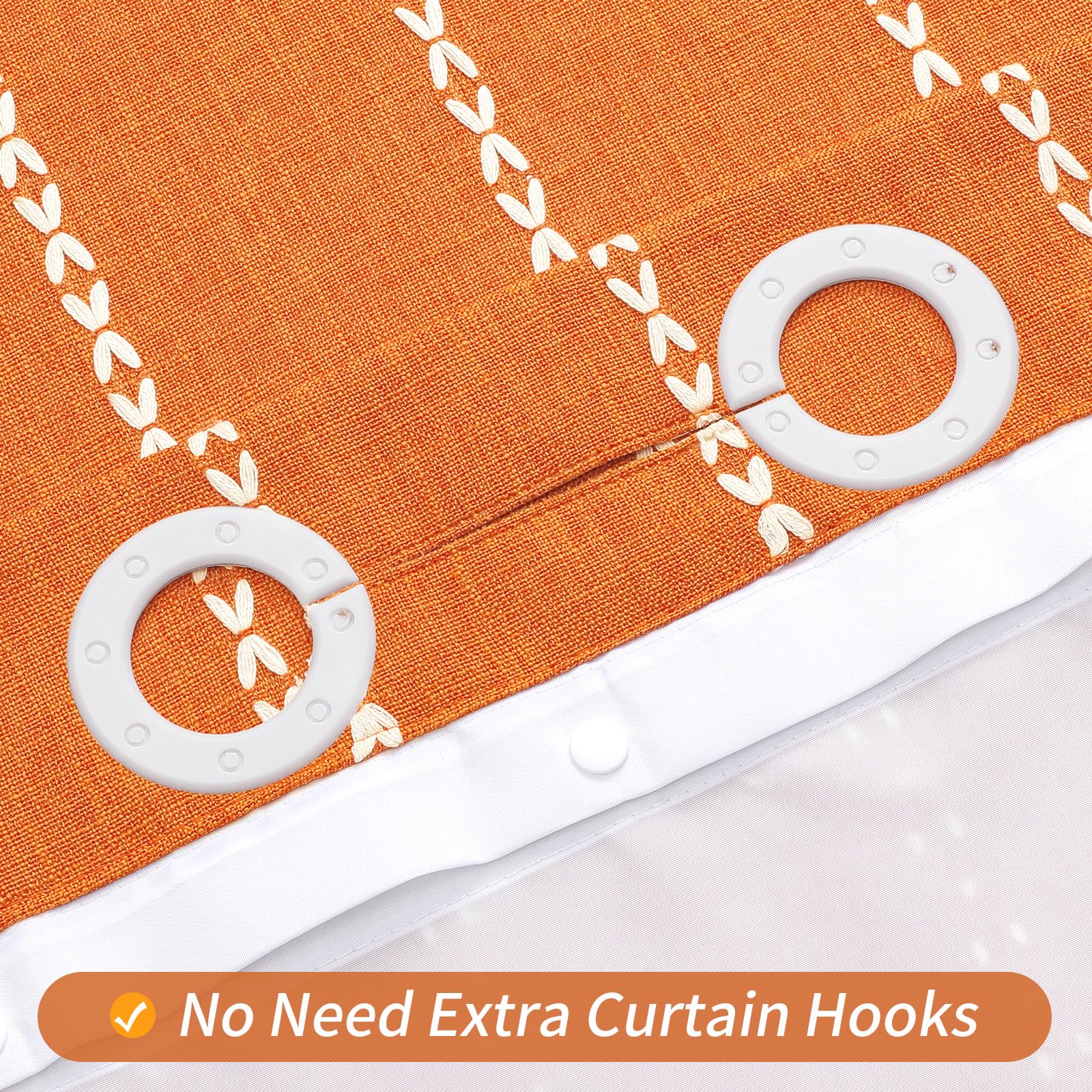 Mitovilla No Hooks Required Orange Boho Shower Curtain With Snap-In Liner, Farmhouse Cotton Linen Fabric Shower Curtains With Ta