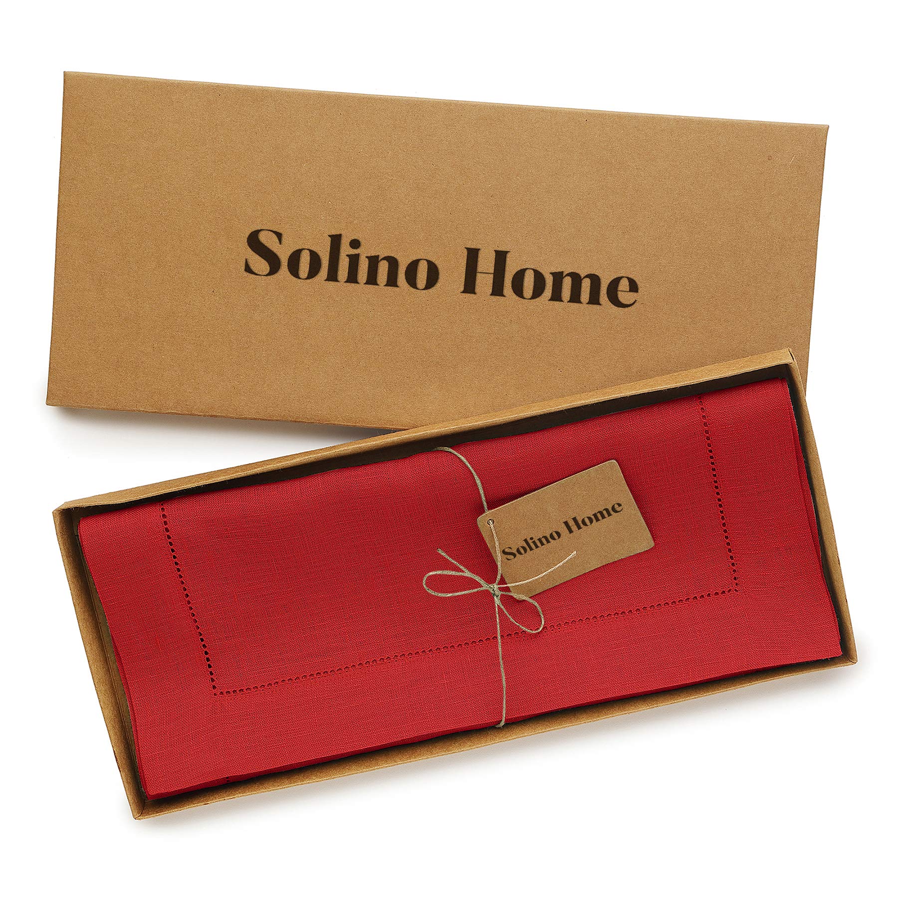 Solino Home Red Linen Table Runner 144 Inches Long - 100% Pure Linen Classic Hemstitch Christmas Table Runner 14 X 144 Inch - Ma