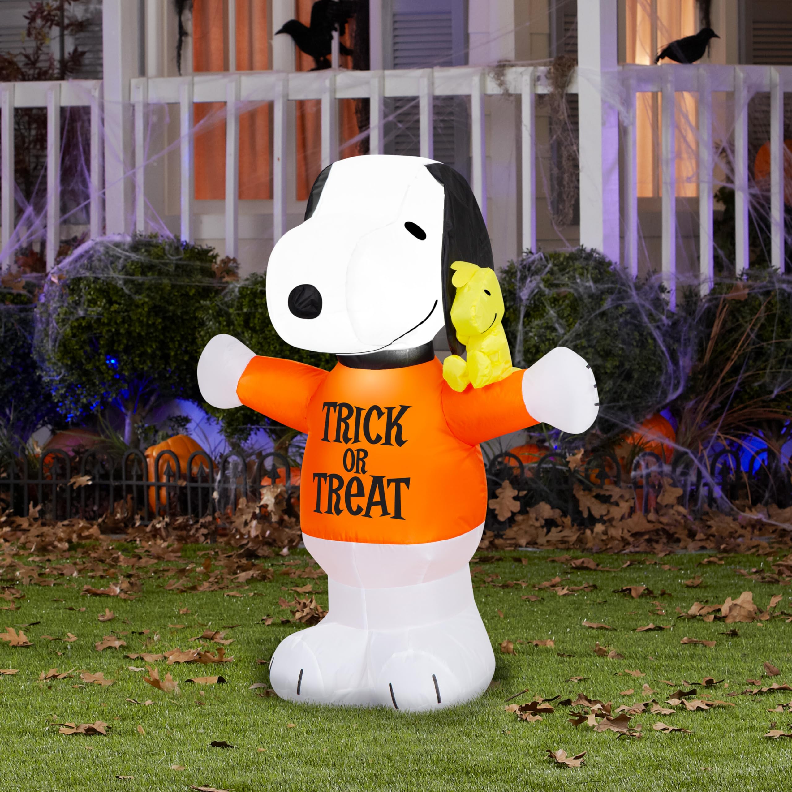 Gemmy Airblown Inflatable Snoopy in Trick or Treat Shirt w/Woodstock Peanuts, 3 ft Tall, Multicolored