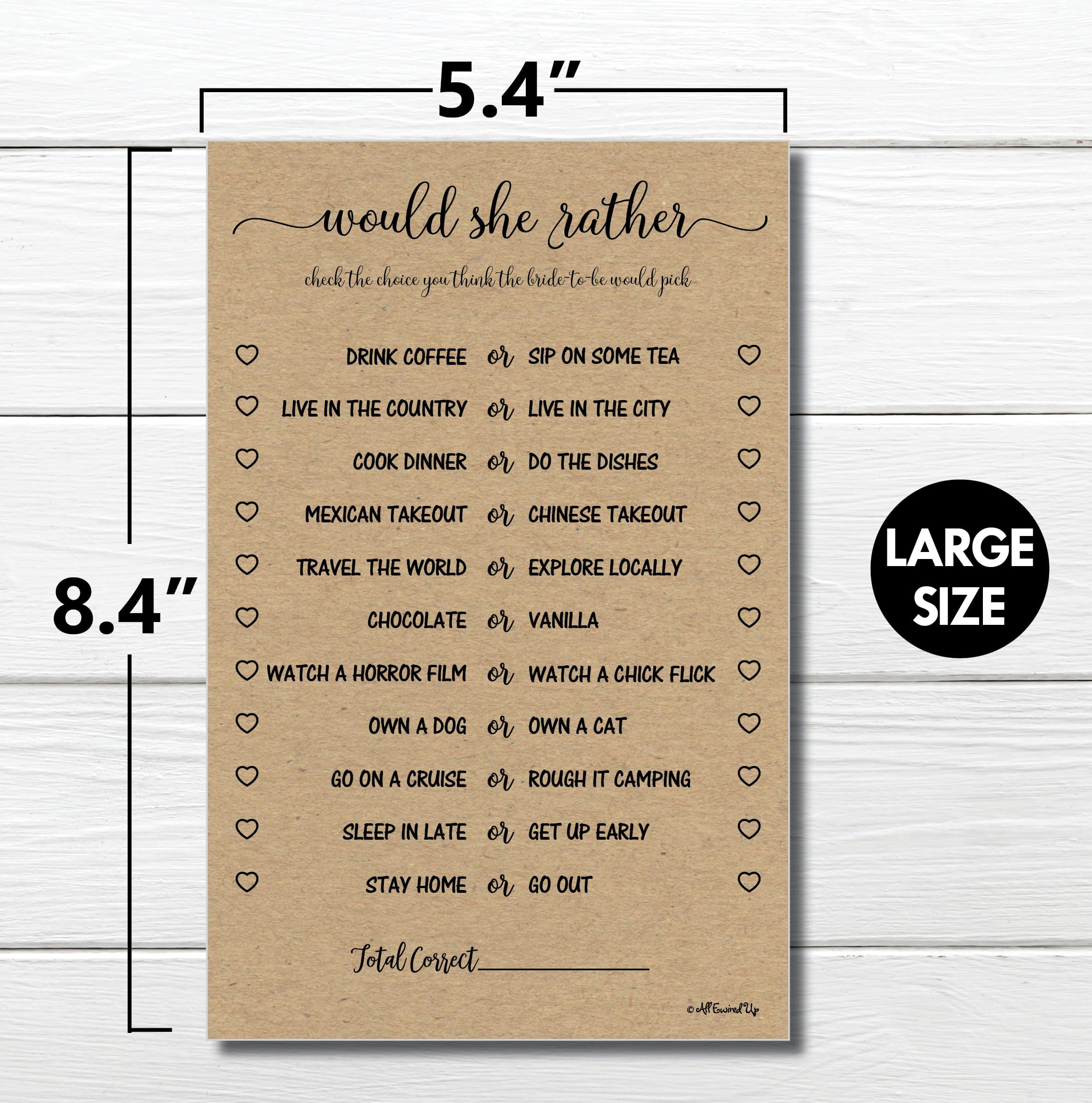 Would She Rather Game - Kraft (50-Sheets) Rustic Bridal Wedding Shower Or Bachelorette Party Game, Printed Engagement Rehearsal