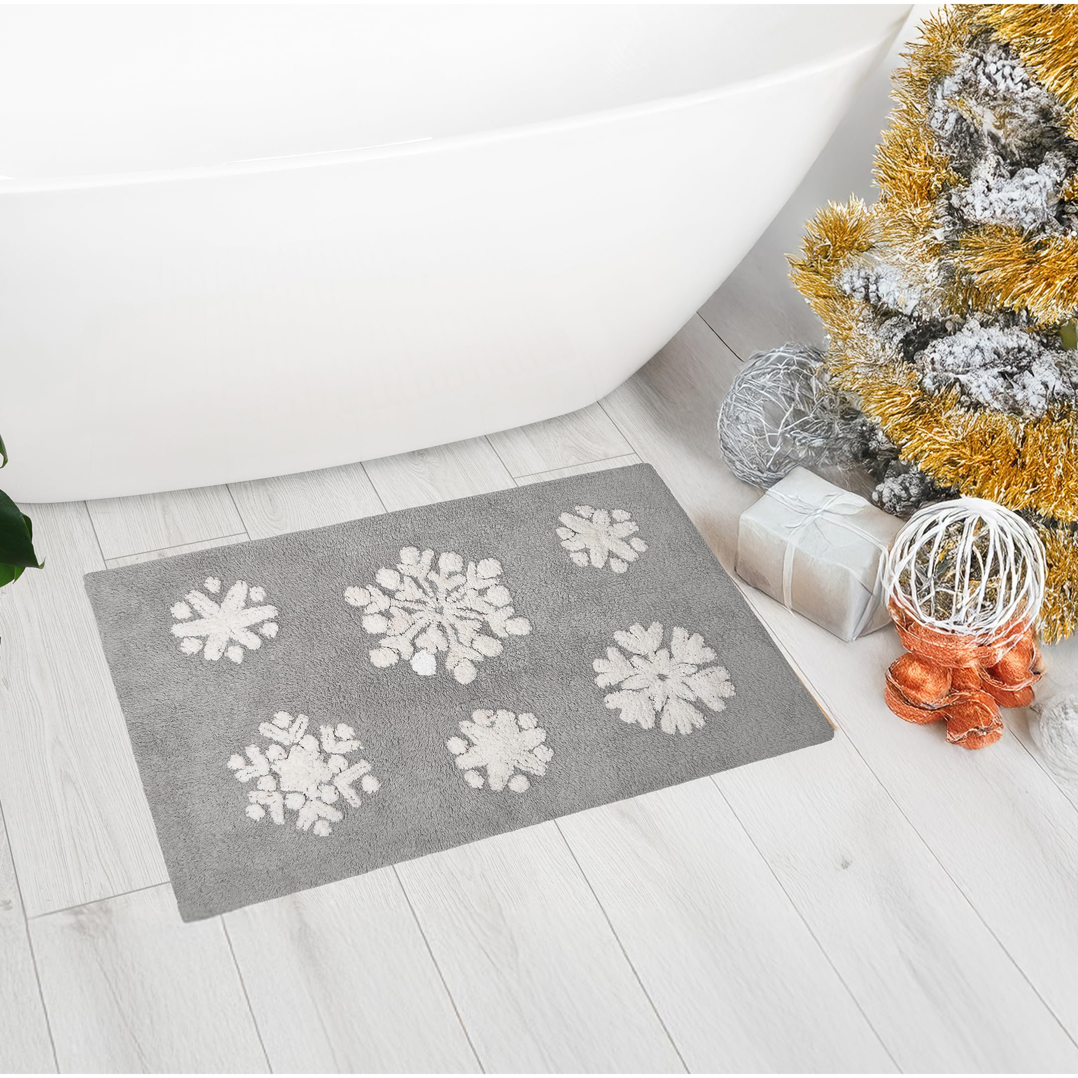 Gilbins 100% Cotton Christmas Grey Snowflake Bath Mat For Bathroom - Water Absorbent Washable Bathroom Rugs With Non-Slip Backin