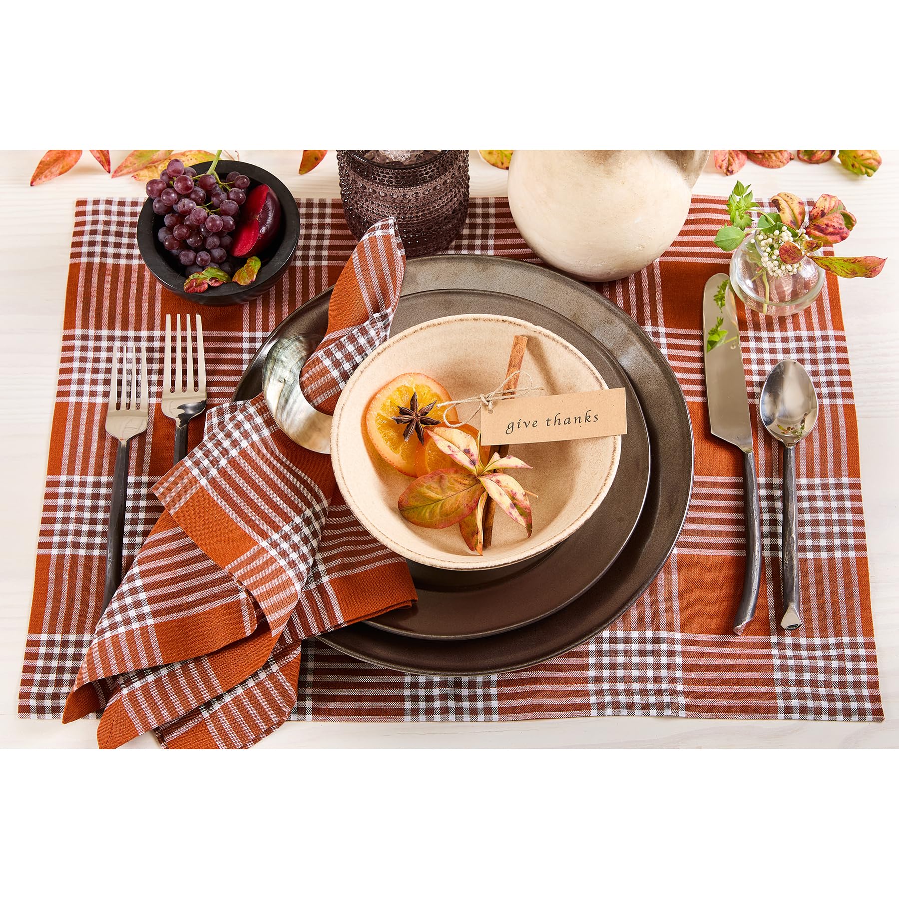 Solino Home Plaid Linen Dinner Napkins 20 X 20 Inch - 100% Pure Linen Nutmeg Glen Check Cloth Napkins Set Of 4 - Handcrafted And