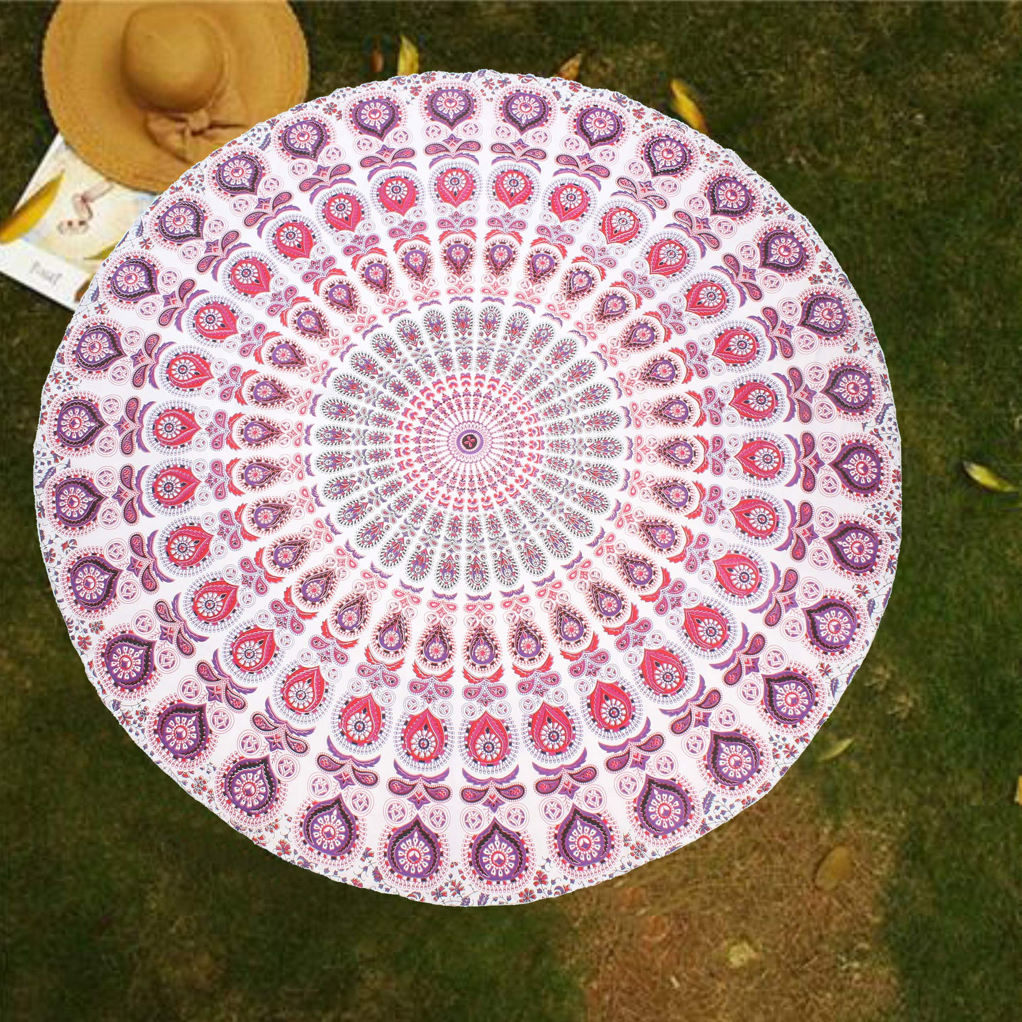 Raajsee White Pink Round Beach Tapestry Hippie Mandala/Boho Decor Beach Blanket/Indian Cotton Throw Bohemian Round Table Cloth M