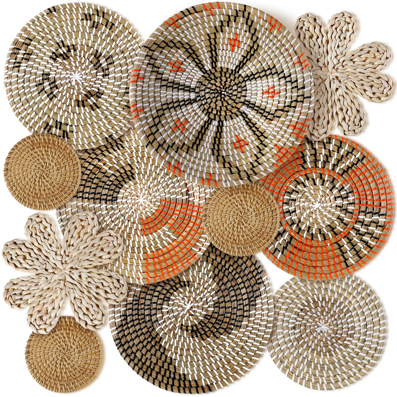11 Pcs Boho Hanging Wall Basket Decor Handmade Woven Basket Wall Decorative Boho Wicker Baskets Placemats Round Farmhouse Bulrus