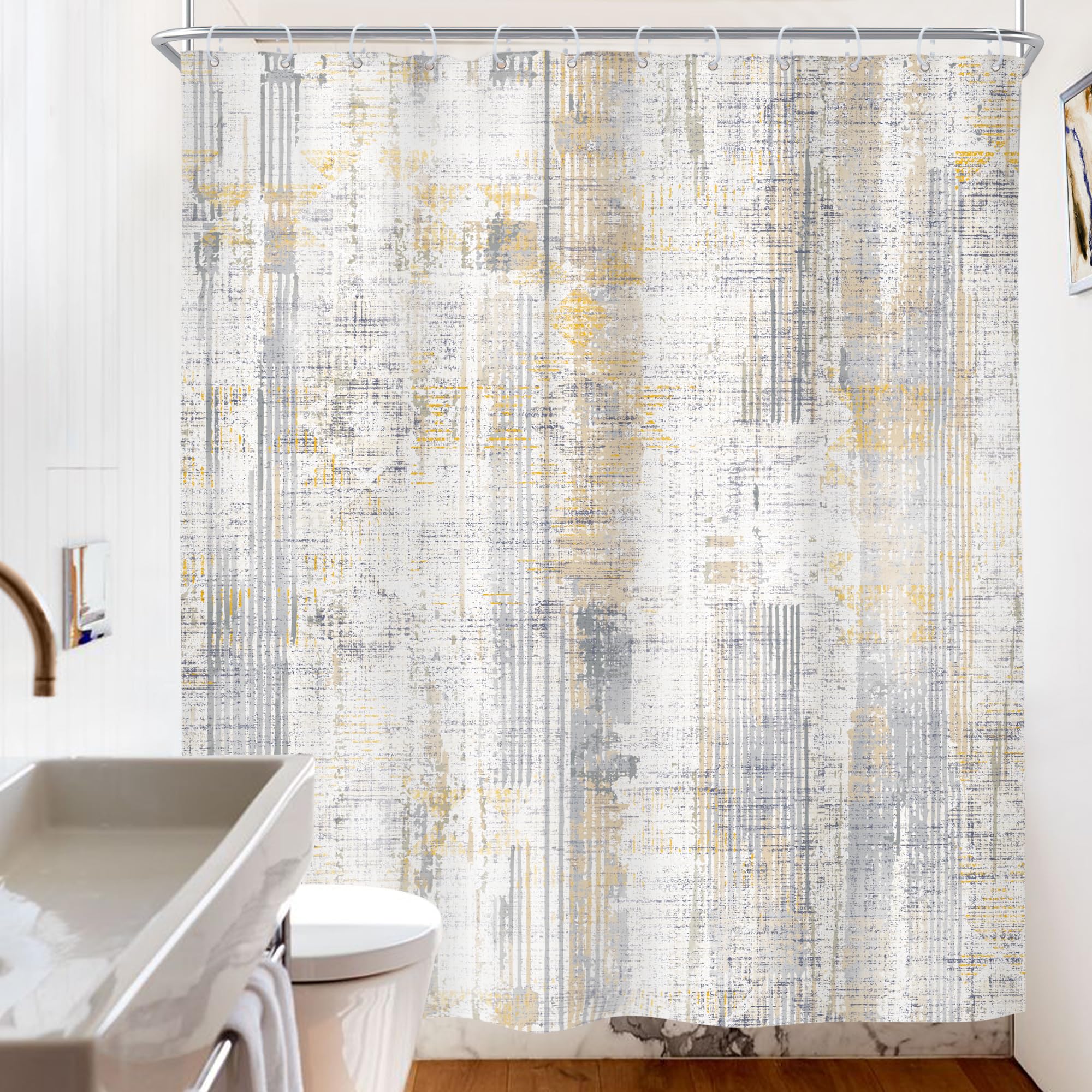 Riyidecor Abstract Blue Brown Grey Shower Curtain Modern Simple Lines Minimalist Geometric 60Wx72H Inch Aesthetic Contemporary N