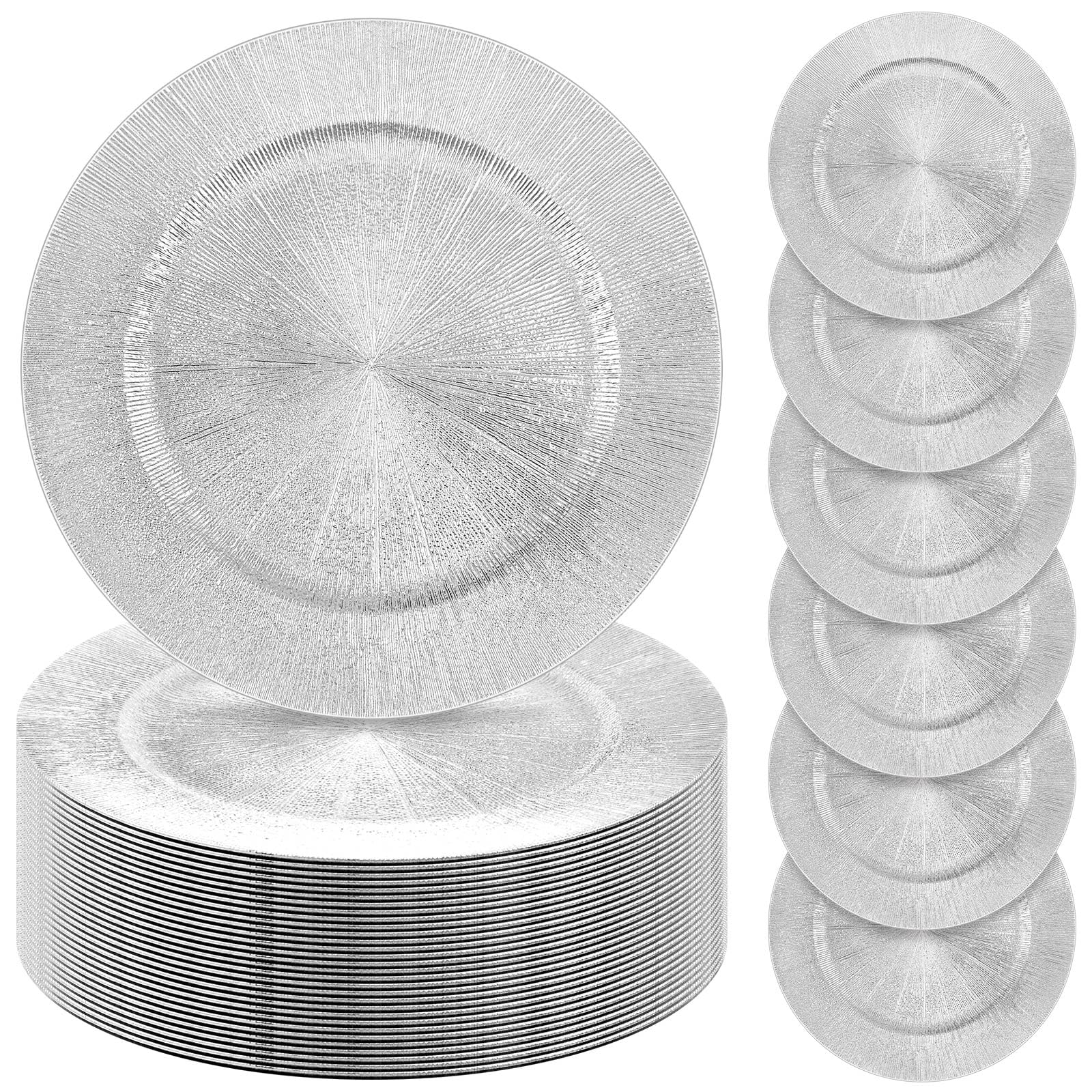 Tanlade 50 Pcs Silver Charger Plates Bulk, 13 Round Plastic Dinner Charger Plate, Shiny Silver Table Chargers Serving Plates Cat