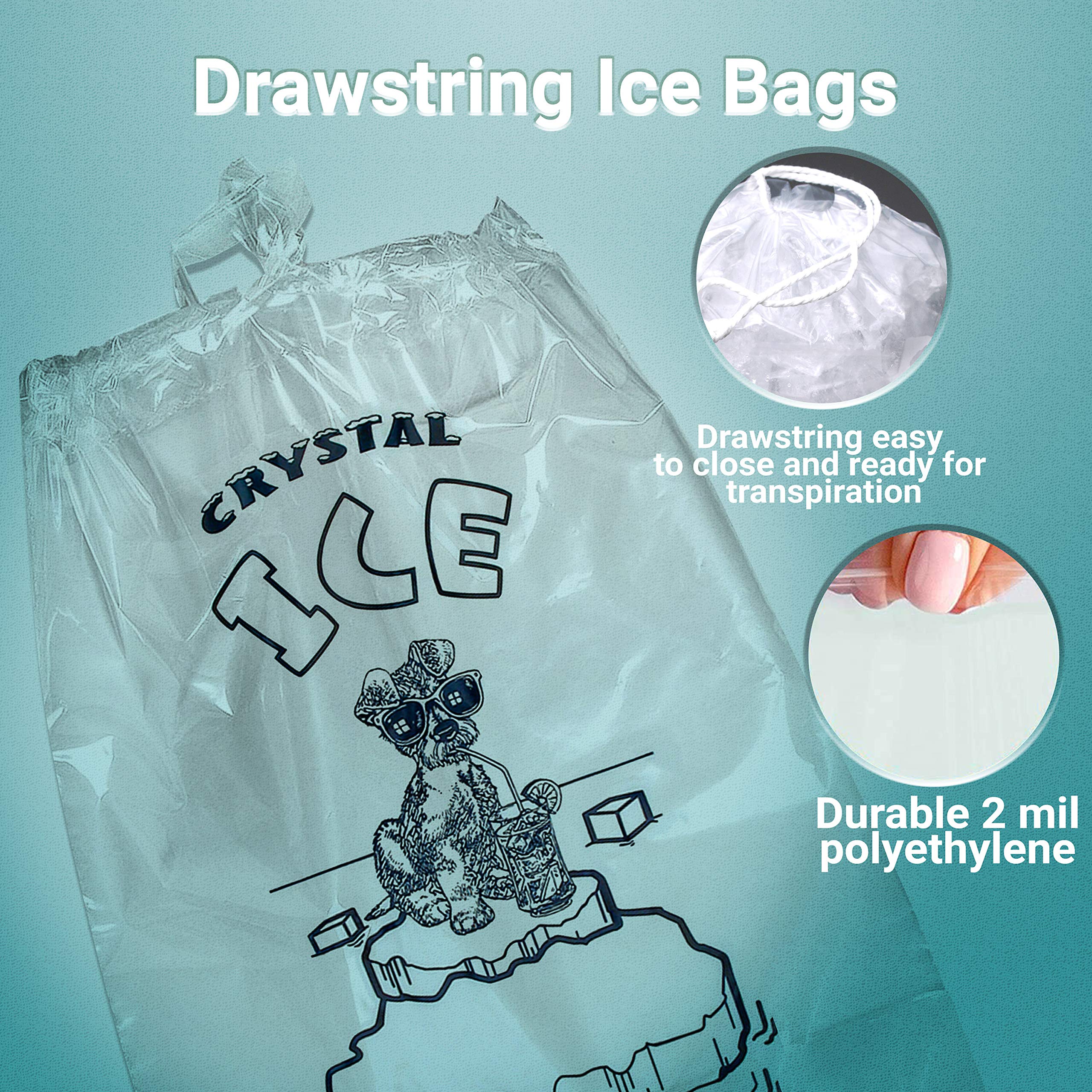 APQ Pack of 500 Drawstring Ice Bags 11 x 18. Pure Ice Printed Bags 11x18. Thickness 1.5 mil. 8 lbs. BPA Free Food Grade Safe Metallocene Ice Bags.