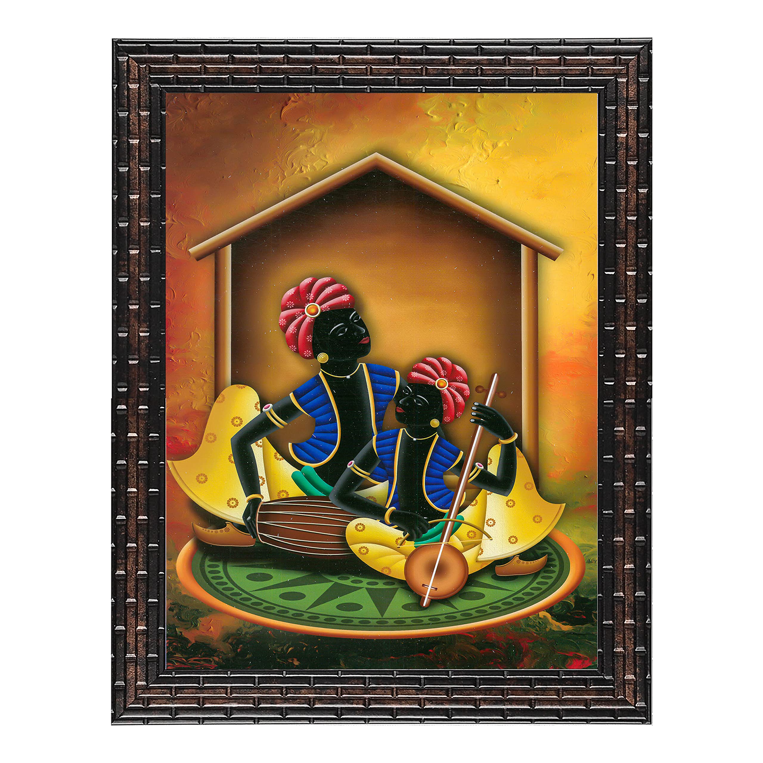 Indianara Rajasthani Folk Music And Dance Rectangular Synthetic Wood Art Painting (35 Cm X 28 Cm X 3 Cm, Set Of 3)