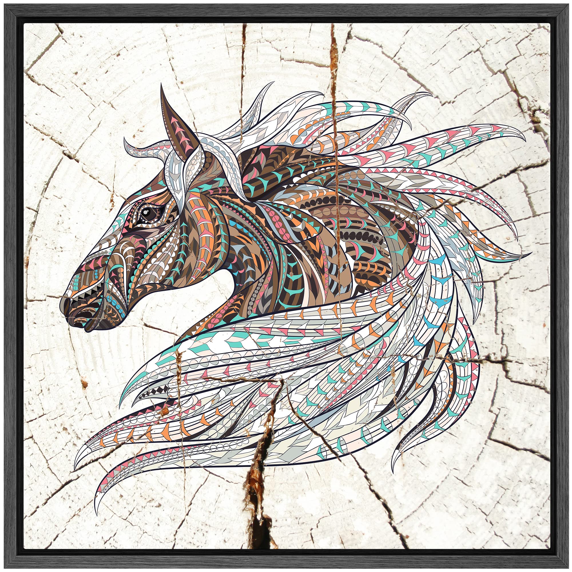 Wall26 Framed Canvas Print Wall Art Wood Ring Effect Tribal Pattern Horse Animals Wildlife Wood Modern Art Farmhouse/Country Exp