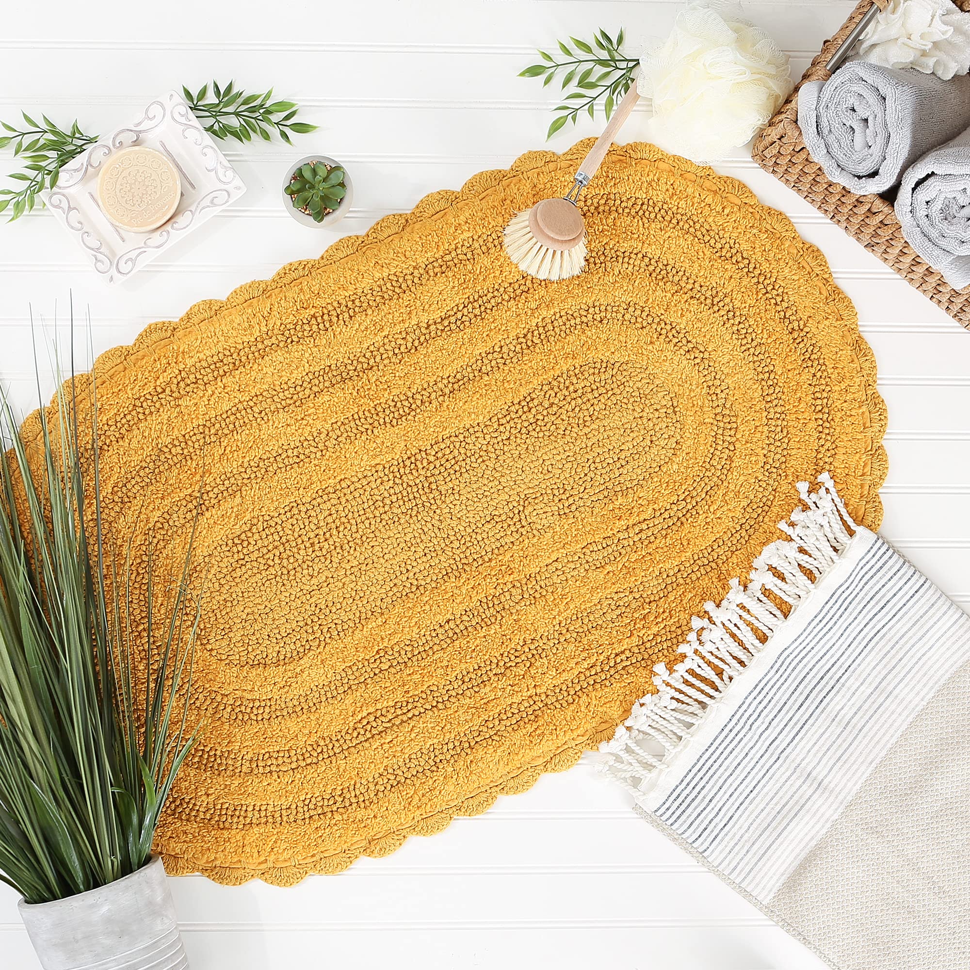 Dii Crochet Collection Reversible Bath Mat, Large Oval, 21X34, Honey Gold