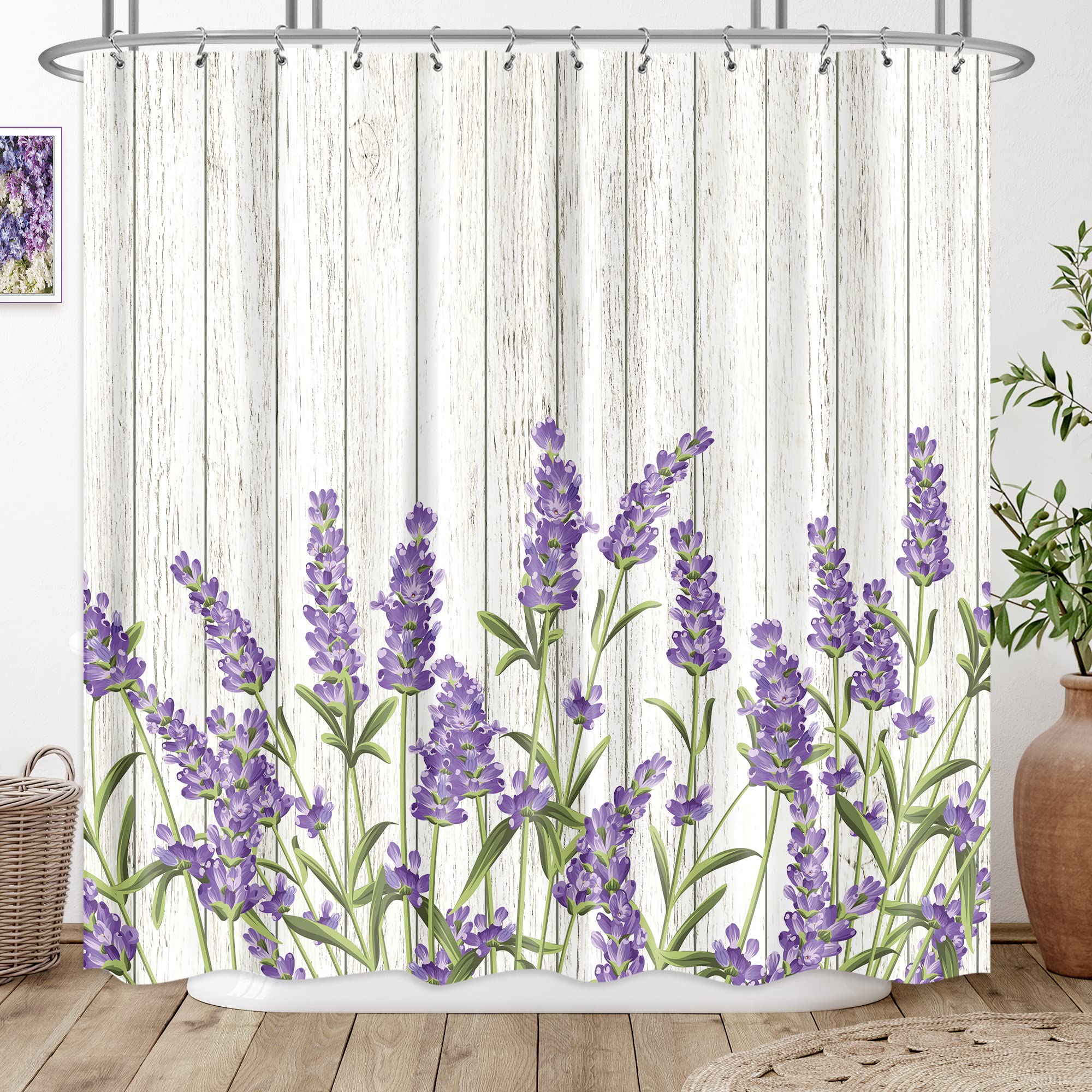 Riyidecor Purple Lavender Shower Curtain Lilac Rustic Wooden Flowers Floral Farmhouse Country Plank Plant Vintage Decor Fabric P