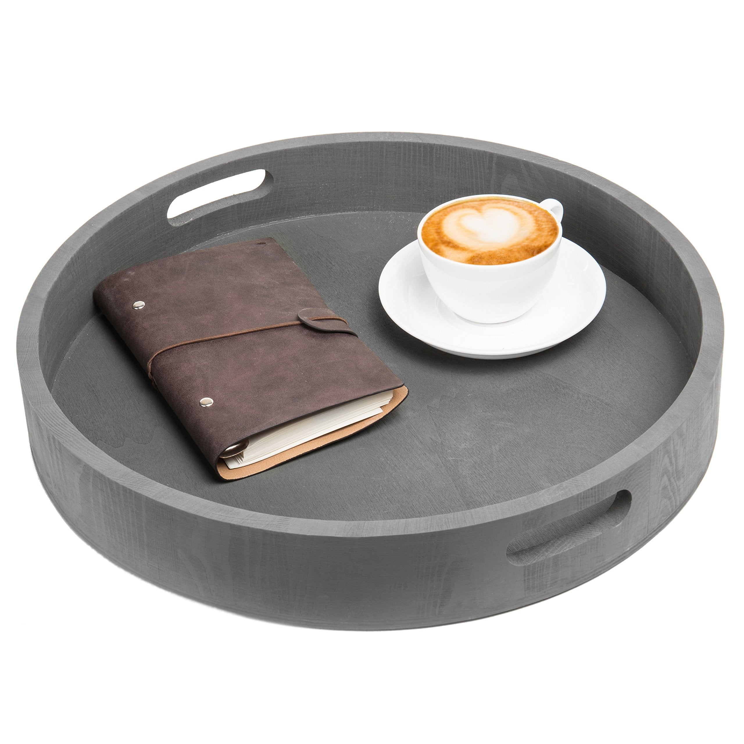 Mygift Rustic Charcoal Gray Wood Round Decorative Trays, 16 And 12 Inch Nesting Serving Trays, Set Of 2