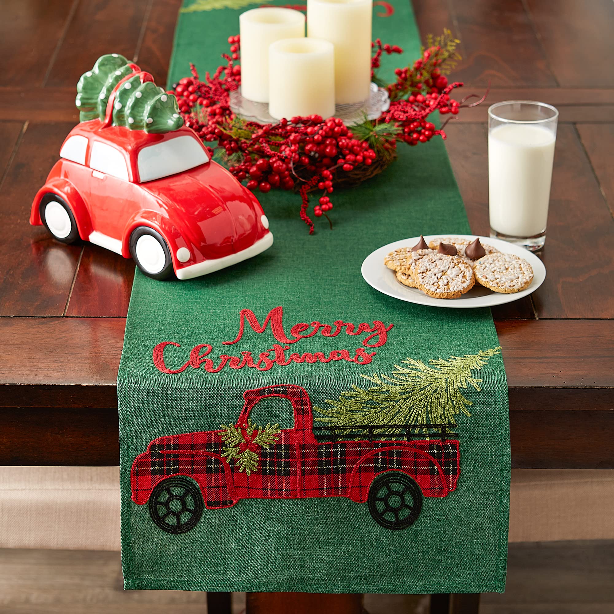 Dii Holiday Dining Table Decoration Embroidered Christmas Table Runner, 14X108, Plaid Christmas Truck