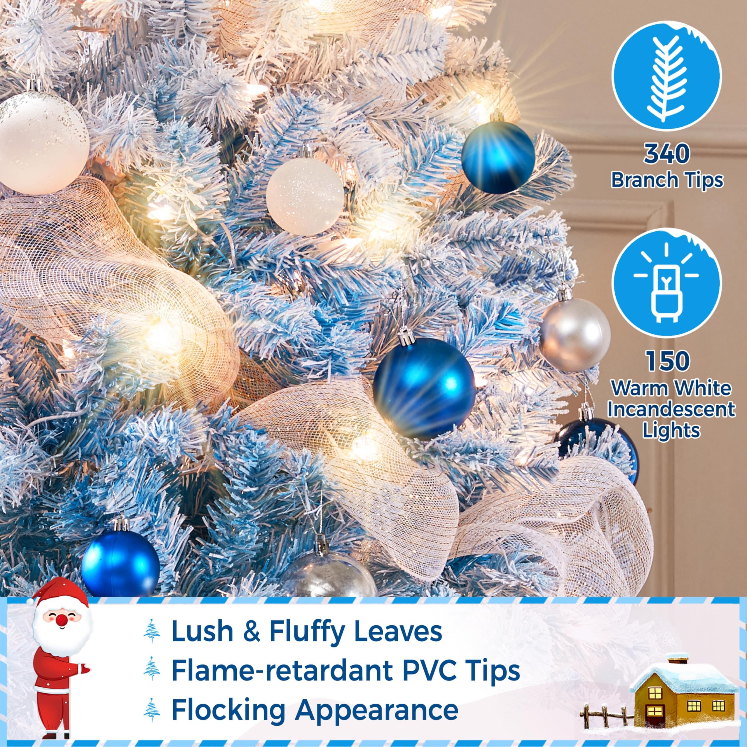 Yaheetech 4.5ft Pre-lit Artificial Christmas Tree W/Incandescent Warm White Lights, Flocked Full Prelighted Xmas Tree with 340 B