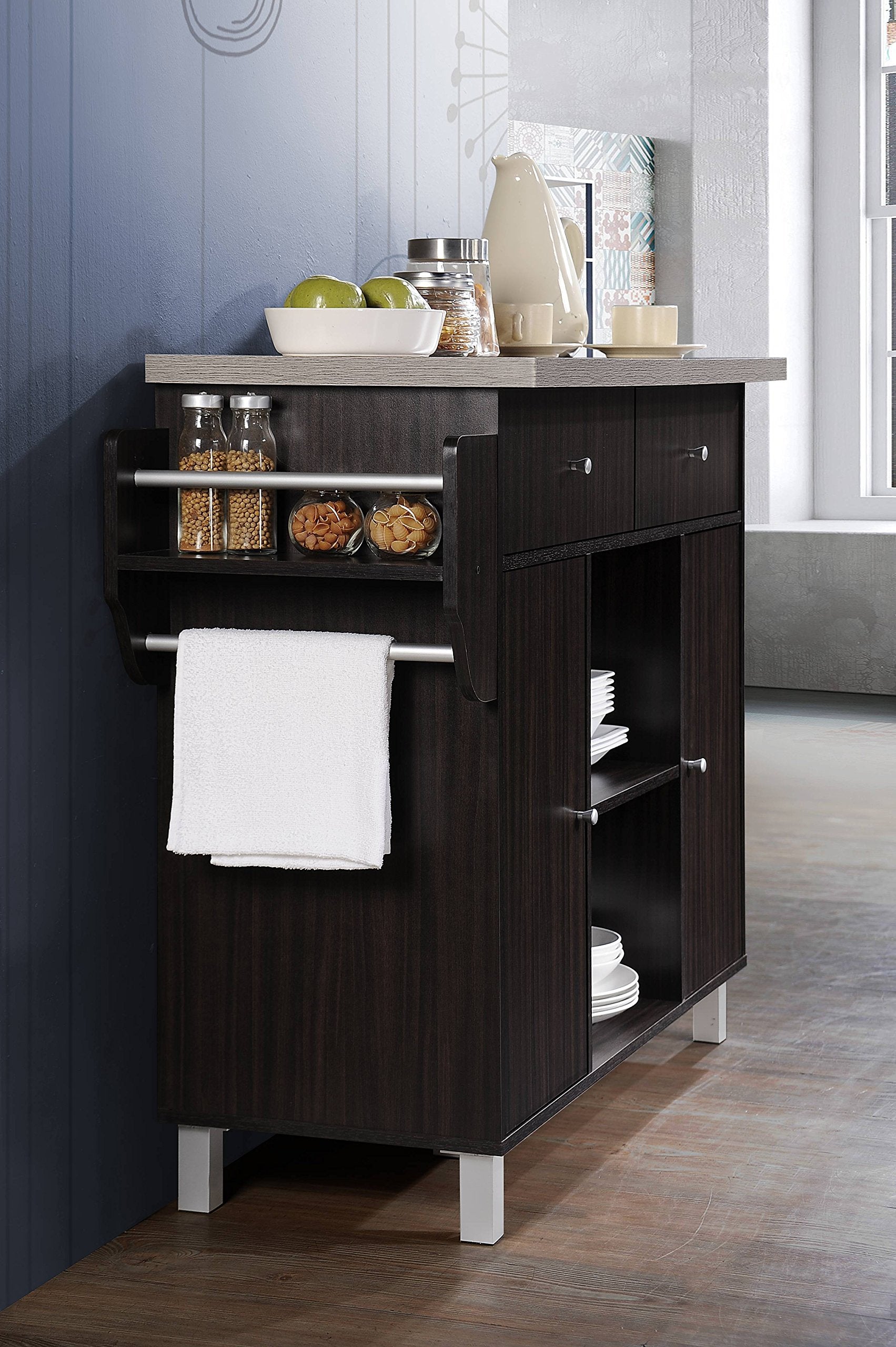 Hodedah Kitchen Island with Spice Rack plus Towel Holder in Chocolate-Grey