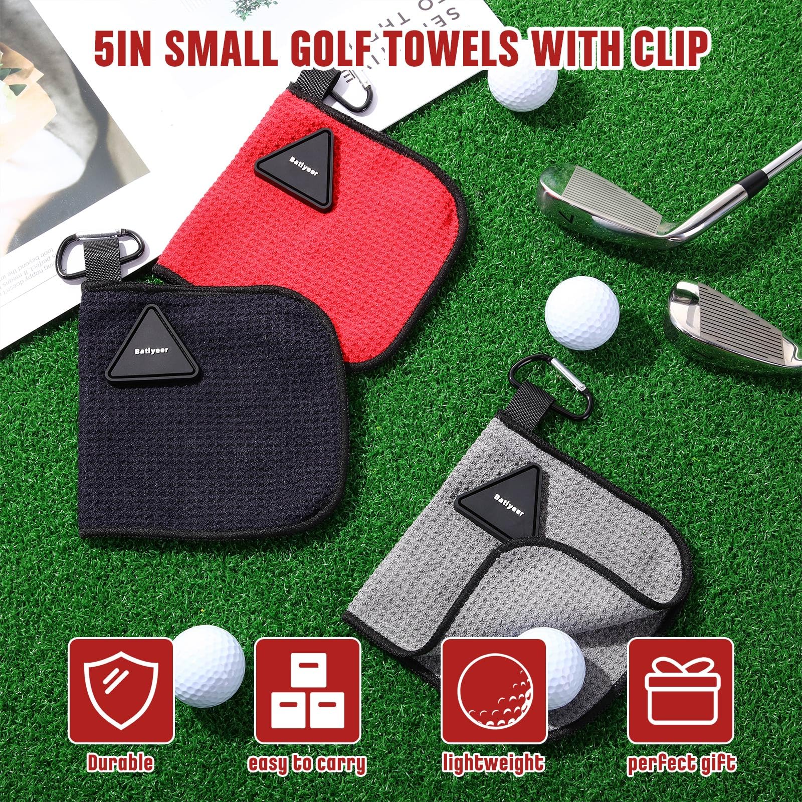 Batiyeer 3 Pack Small Magnetic Golf Towels Gift for Men 5.5 x 5.5 Inch Microfiber Waffle Material with Clip Pocket Golf Towel wi