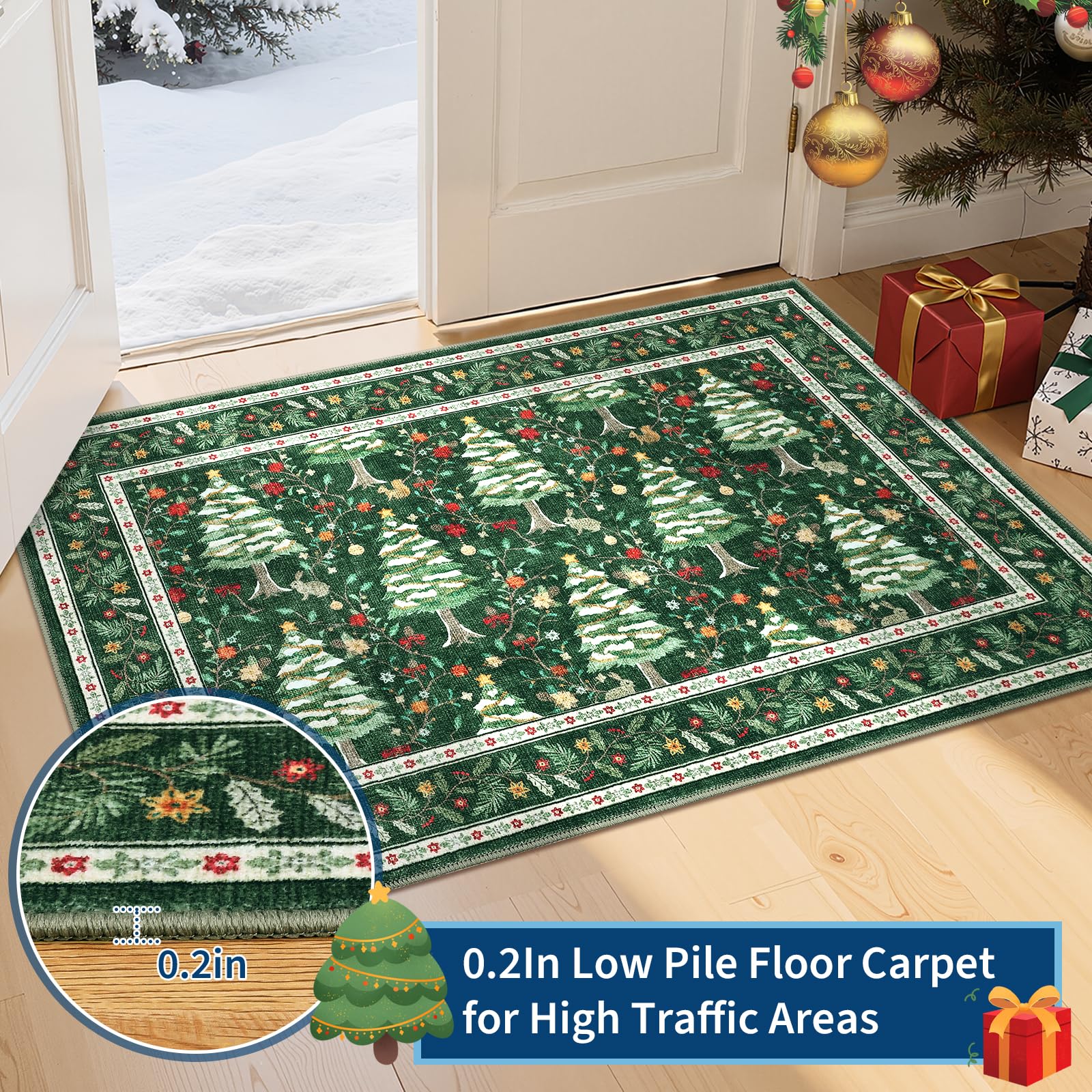 GarveeHome Green 2x6 Christmas Floor Kitchen Runner Rug Non Slip Washable Stain Resistant Christmas Tree Animals Print Holiday D