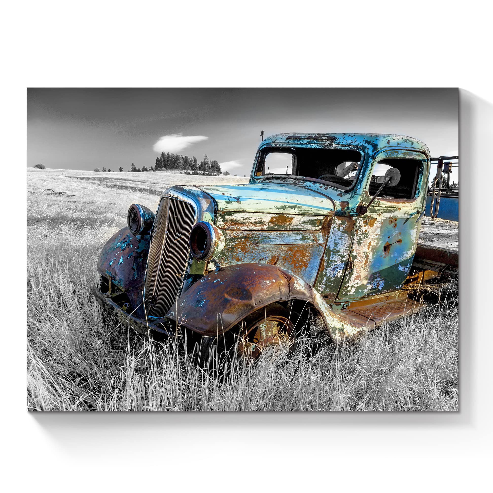 Sunflax Old Truck Canvas Wall Art: Rusty Blue Car Artwork Rustic Automobile Painting Vintage Antique Country Picture Black And W