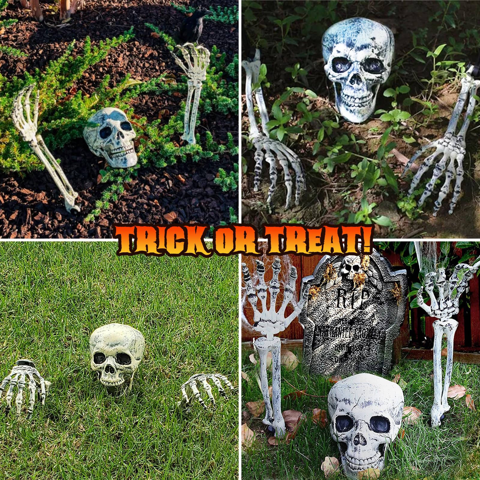 Halloween Lighted Skeleton Hands Set, 4 Pack Light Up Skeleton Arm Stakes, 4 x 3m 240 LED Green & Red Lights with 3 Modes, Reali