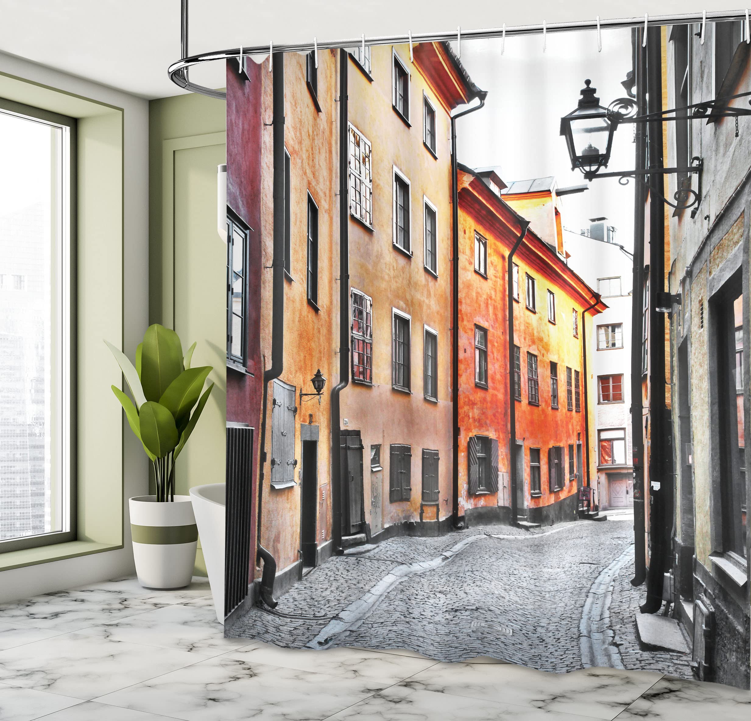 Ambesonne Wanderlust Shower Curtain, Streets Of Stockholm Old Town Famous Landmark Pavement Europe, Cloth Fabric Bathroom Decor