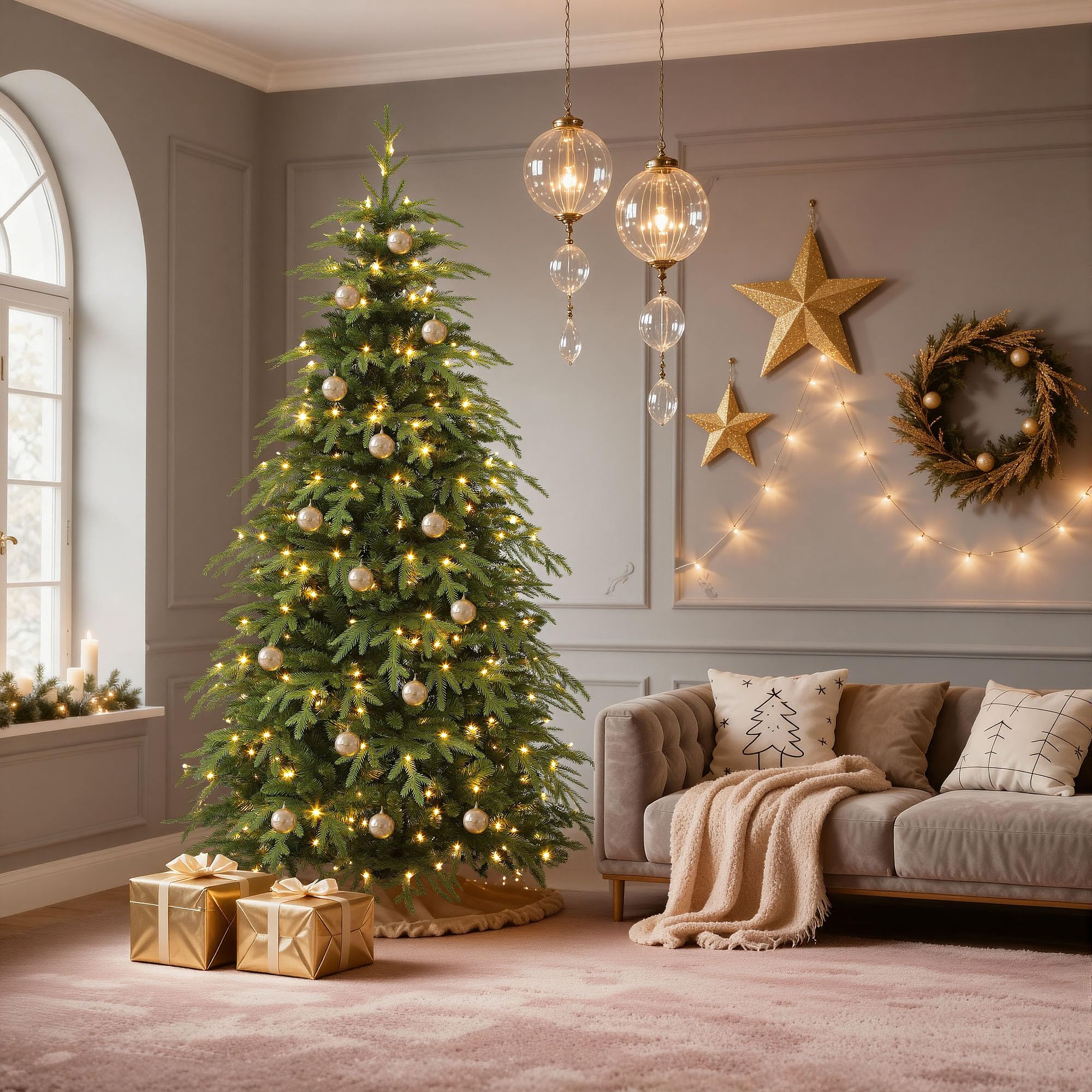DWVO 6ft Prelit Christmas Tree with Lights, Full Downswept Artificial Fir Twinkle Christmas Tree with 1628 Metal Hinged Flame Re