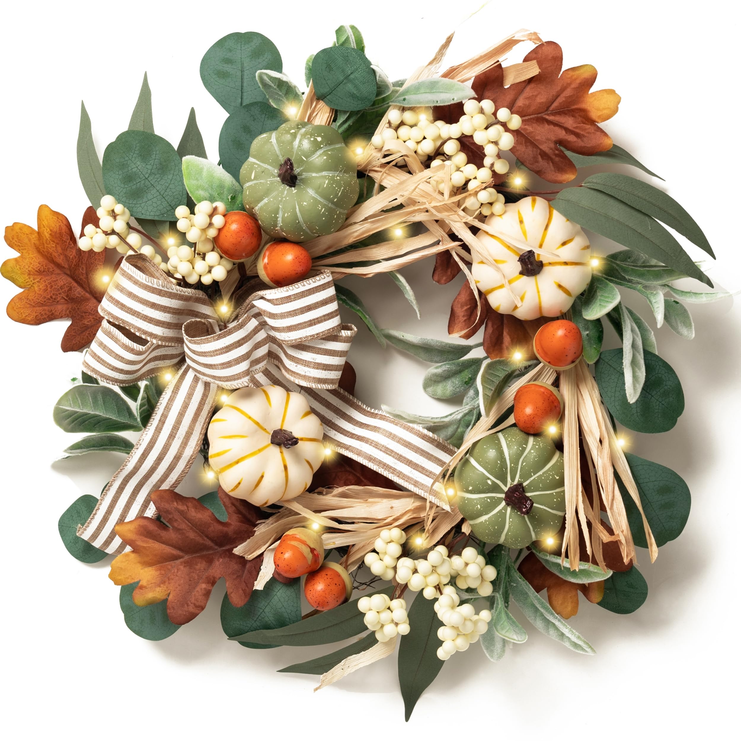 Valery Madelyn Fall Wreaths for Front Door Outside, 18'' Farmhouse Autumn Door Wreath with Lights White Pumpkins Bow, Outdoor Fa