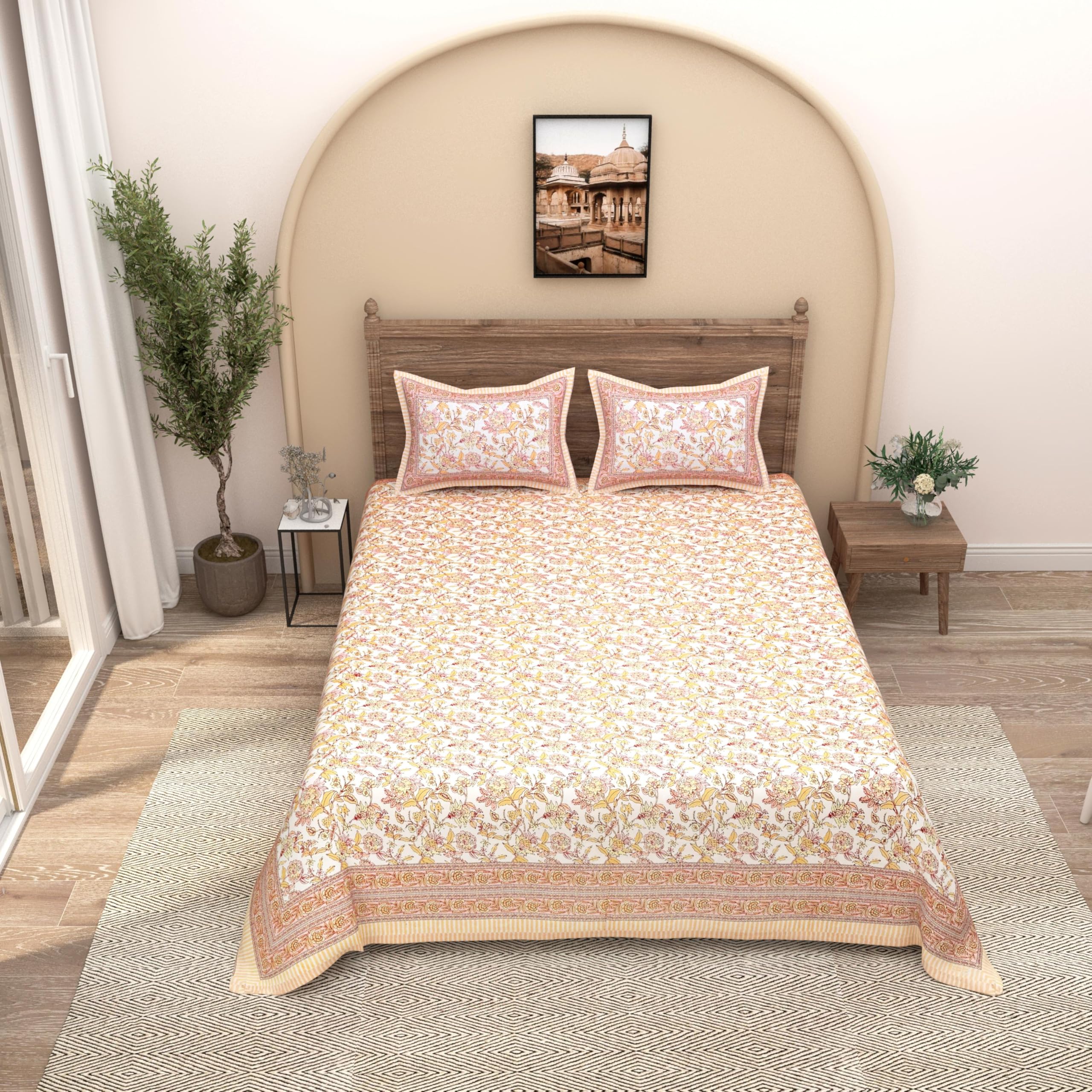 Easygoods 240 Tc Cotton Bedsheet For Double Bed Floral Orange|Ethnic35 Bedsheet King Size Bed Cotton|King Size Bedsheet|Double B