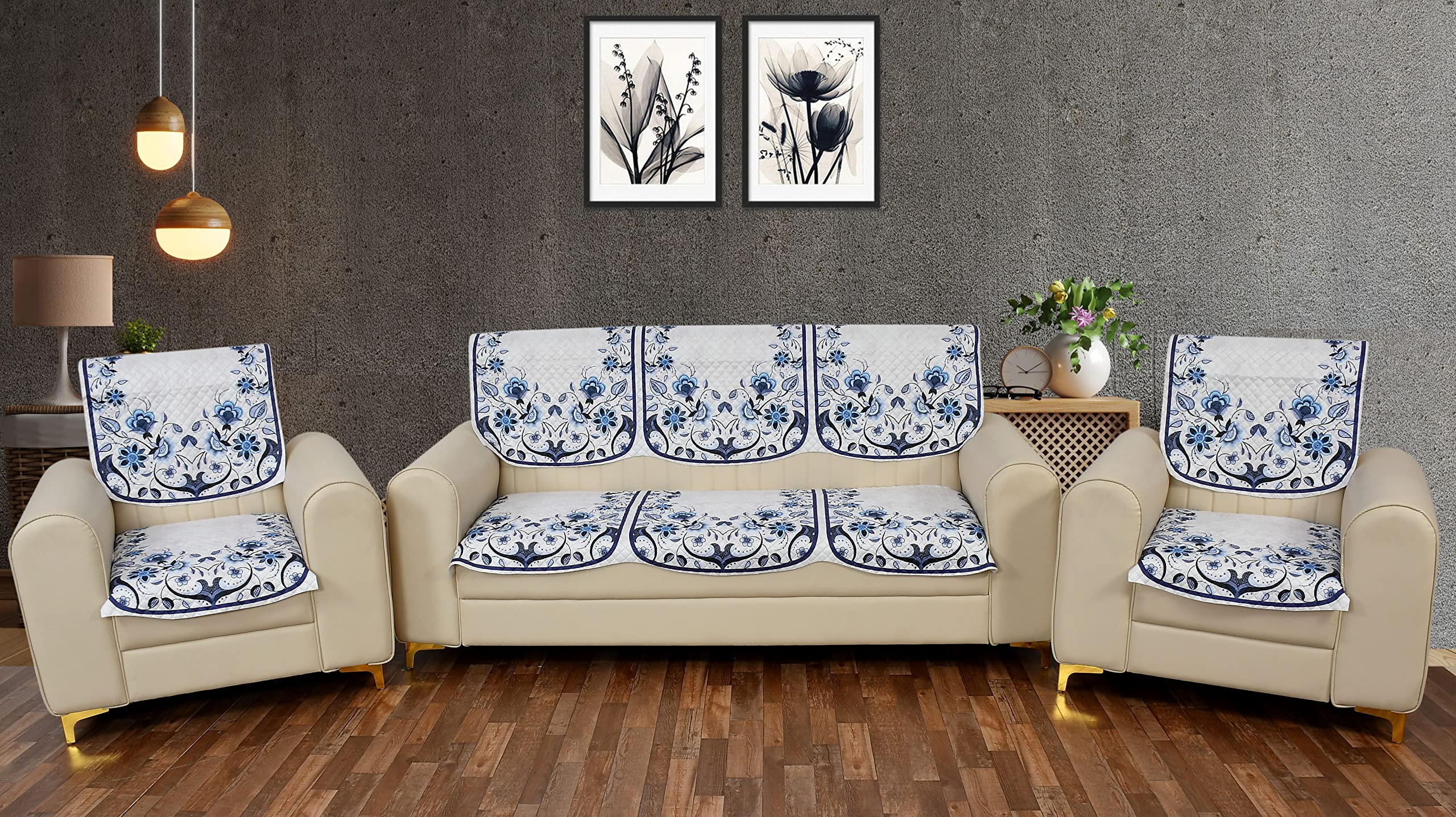Yellow Weaves 5 Seater Quilted Sofa Cover And Chair Cover, Floral Design, Seat & Back Cover, Color - Blue, Velvet