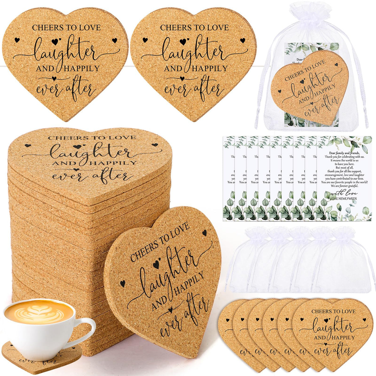 Uiifan 50 Set Wedding Favors For Guest Coaster Gifts Bulk Heart Shaped Coasters Thank You Cards Organza Bags Guest Souvenirs For