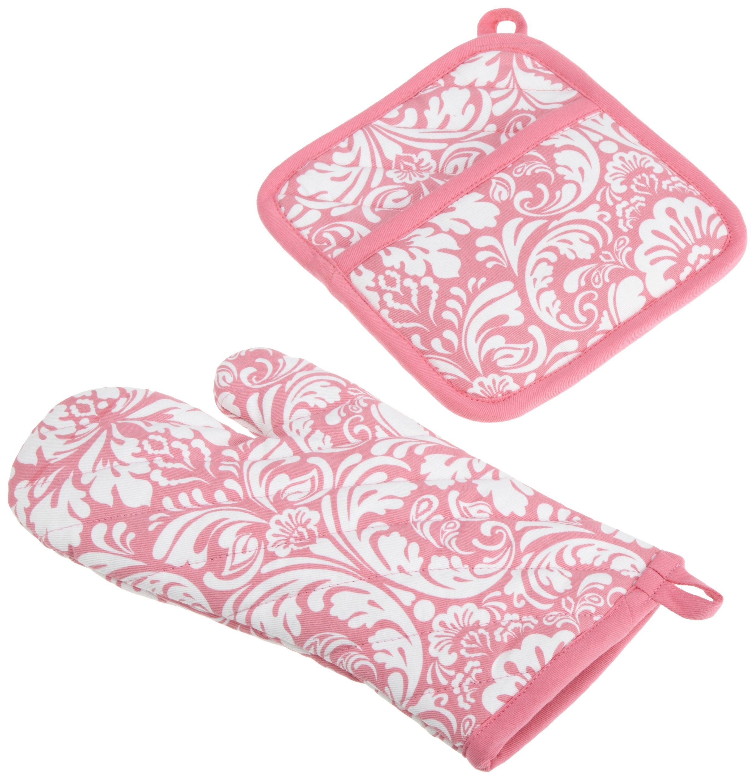 Dii Quilted Kitchen Oven Mitt & Potholder Set, Hanging Loop For Convenient Storage, Om 6.5X12/Ph 8X8.5, Pink Damask Print, 2 Pie