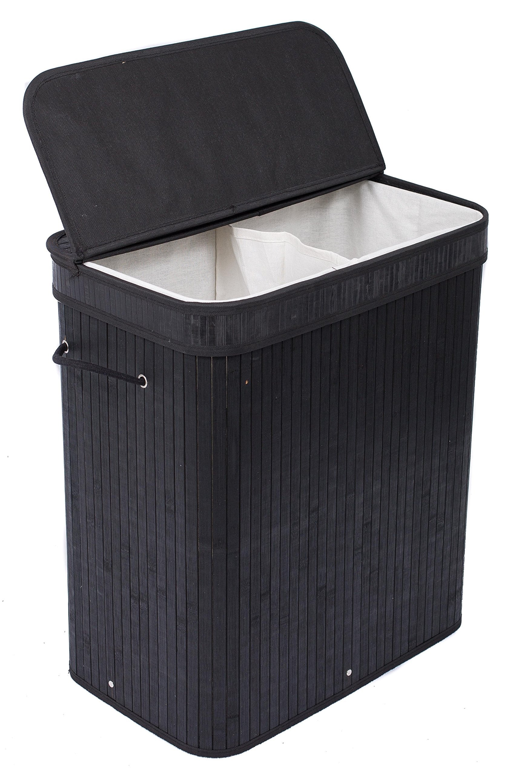 Birdrock Home Double Laundry Hamper With Lid And Cloth Liner - Bamboo - Black - Easily Transport Laundry Basket - 2 Section Coll