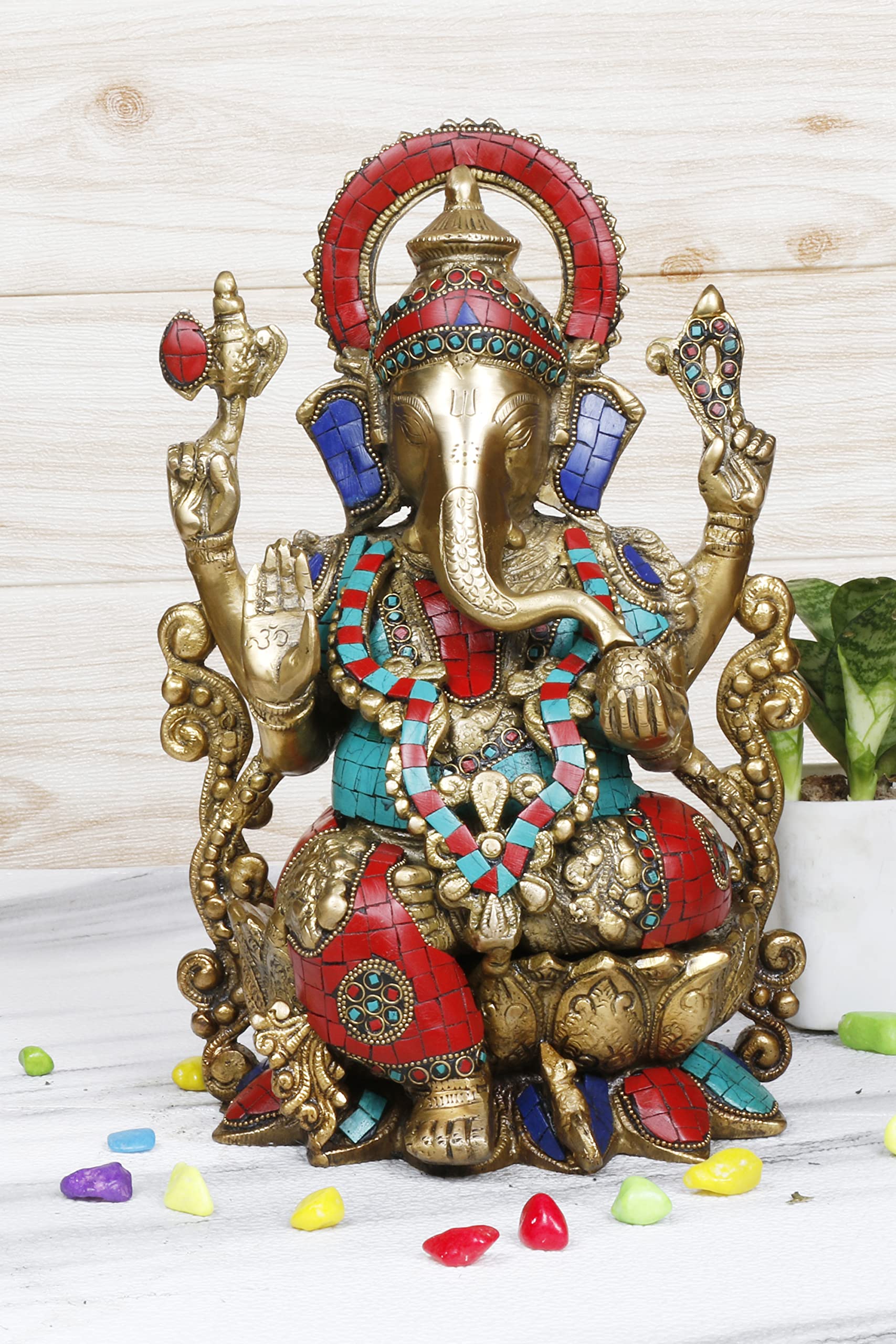 Artvarko Ganesha Sitting On Lotus Brass Inlay Work Bhagwan Idol Jewellery Mangalkari Ganesh Statue Ganpati Murti For Home Entran